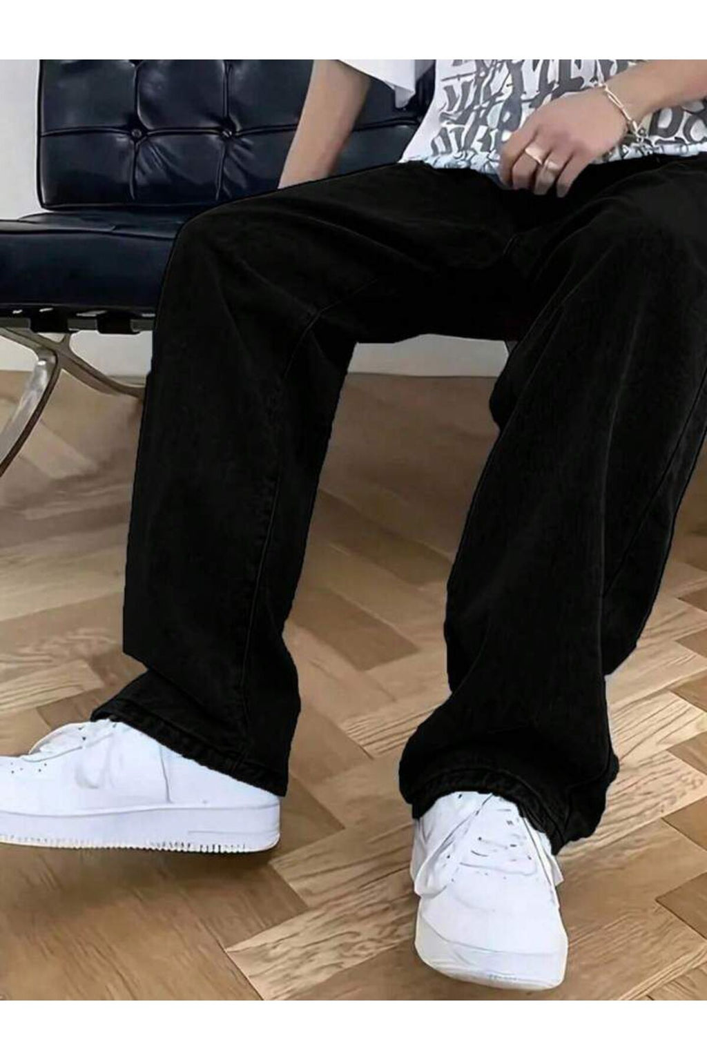 Erkek Siyah Straight Baggy Fit Likrasız Rahat Kesim Kot Pantolon Jean