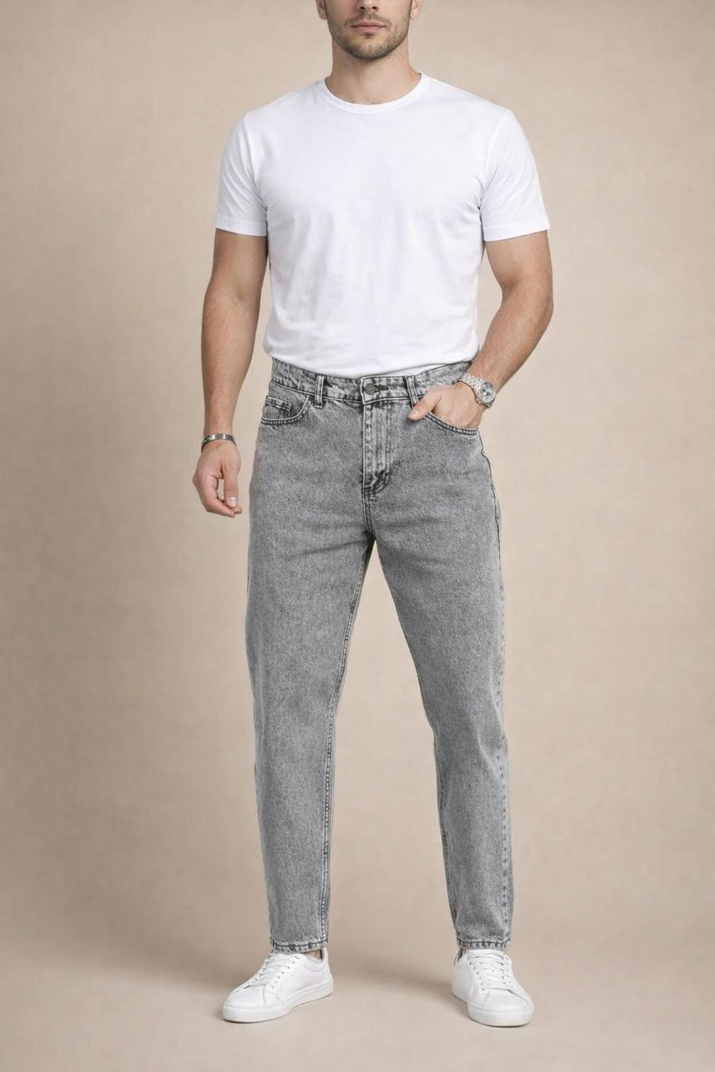 Erkek Açık Gri Boyfriend Jean Pantolon Rahat Kalıp Günlük Denim