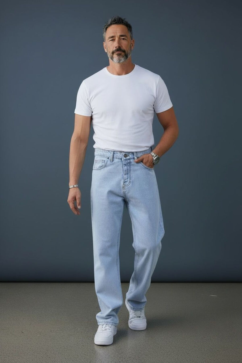 Erkek Açık Mavi Wide Leg Jean Pantolon Rahat Kalıp Yüksek Bel Bol Kesim Denim Pantolon