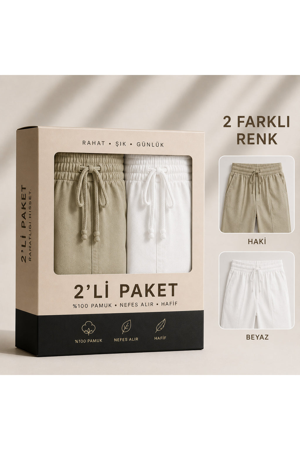 Erkek %100 Pamuk Beyaz Haki 2’li Pantolon Paketi – Lastikli Bel Bağcıklı Rahat Günlük Pantolon