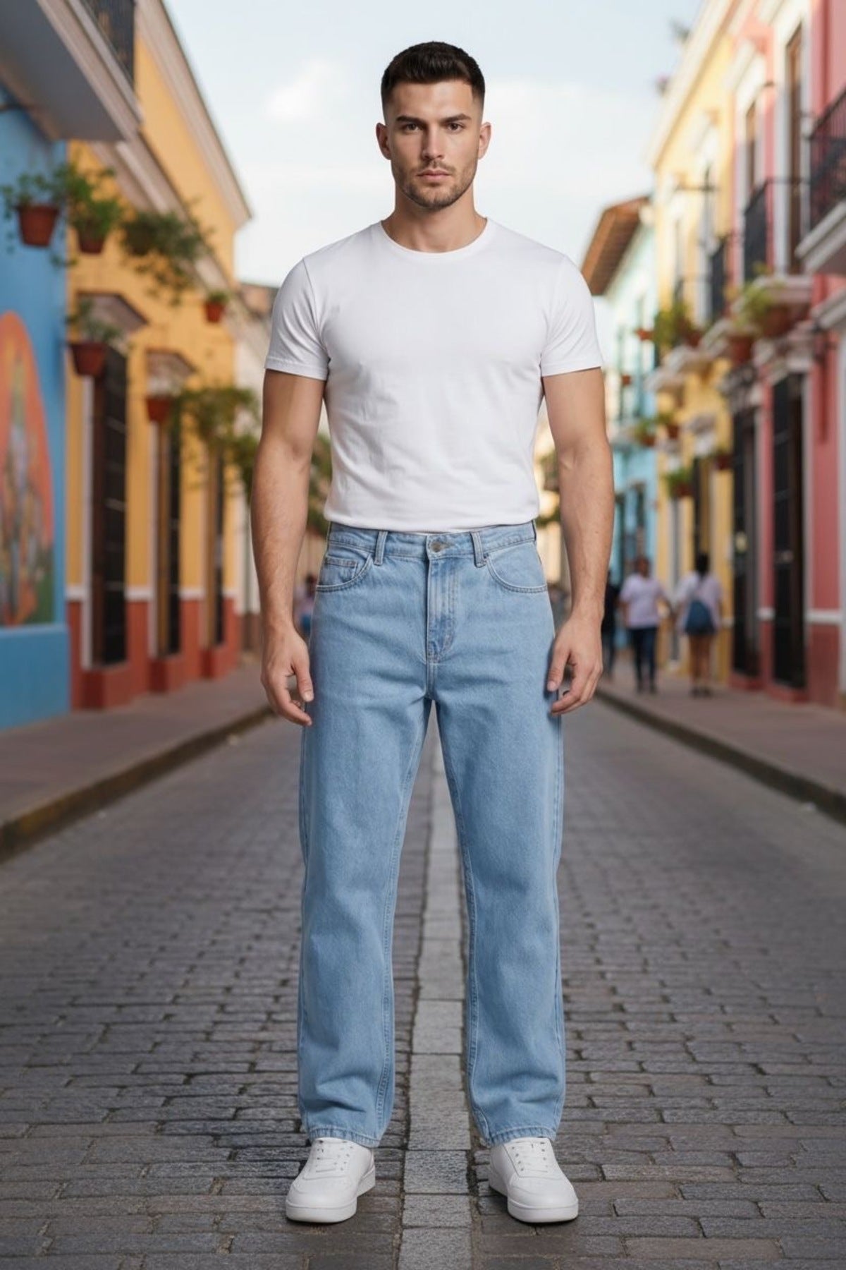 Erkek Açık Mavi Relaxed Fit Denim Pantolon Sokak Stili Jean