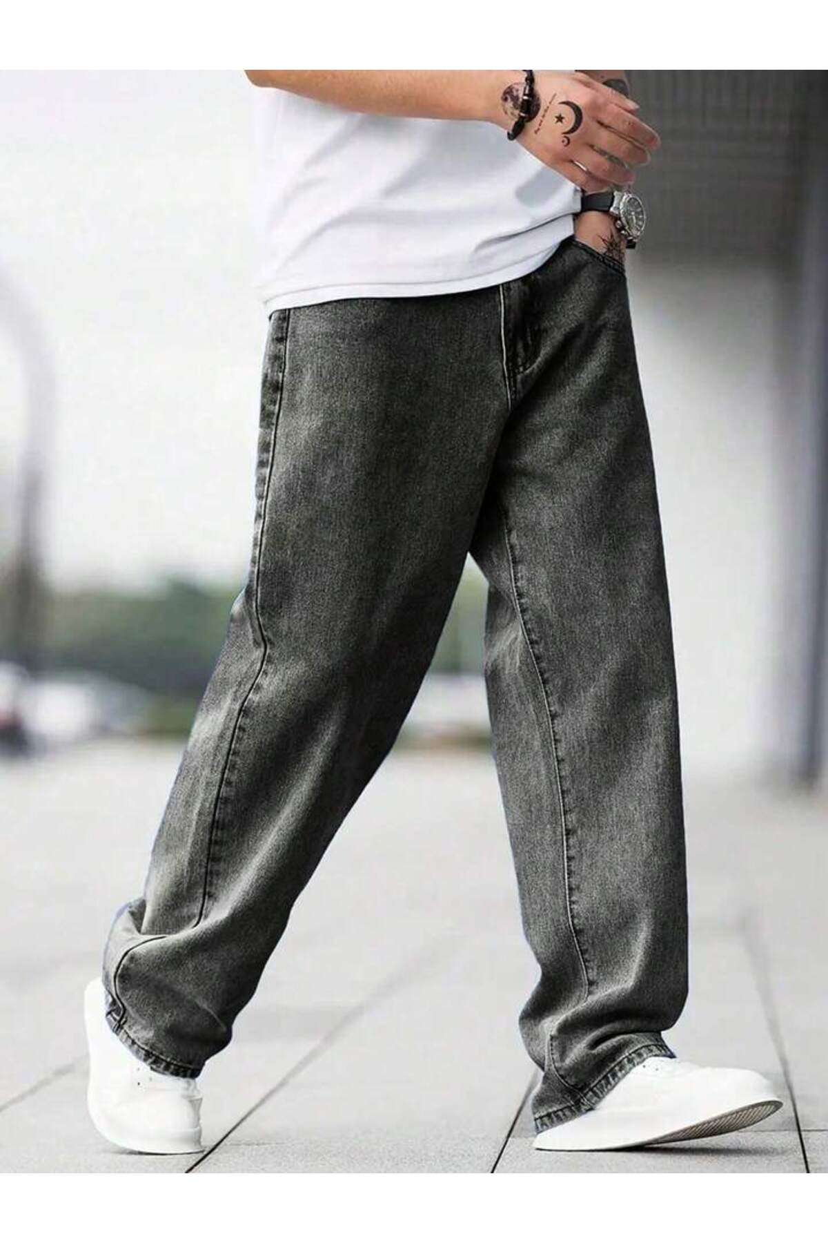 Erkek Baggy Fit Wide Leg Jean Pantolon Normal Bel Oversize Bol Kalıp Denim