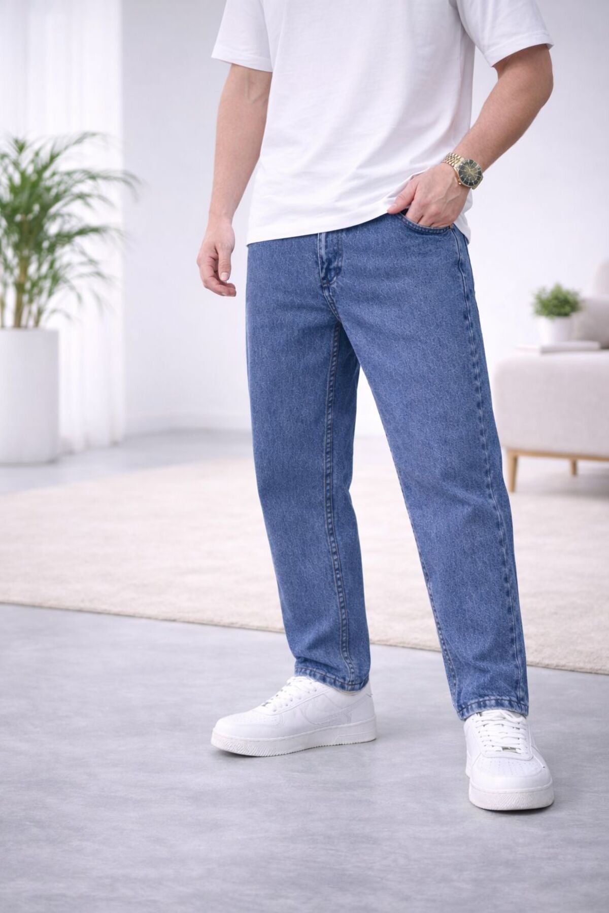 Erkek Koyu Kar Yıkama Boyfriend Jean Pantolon Rahat Kalıp Günlük Denim