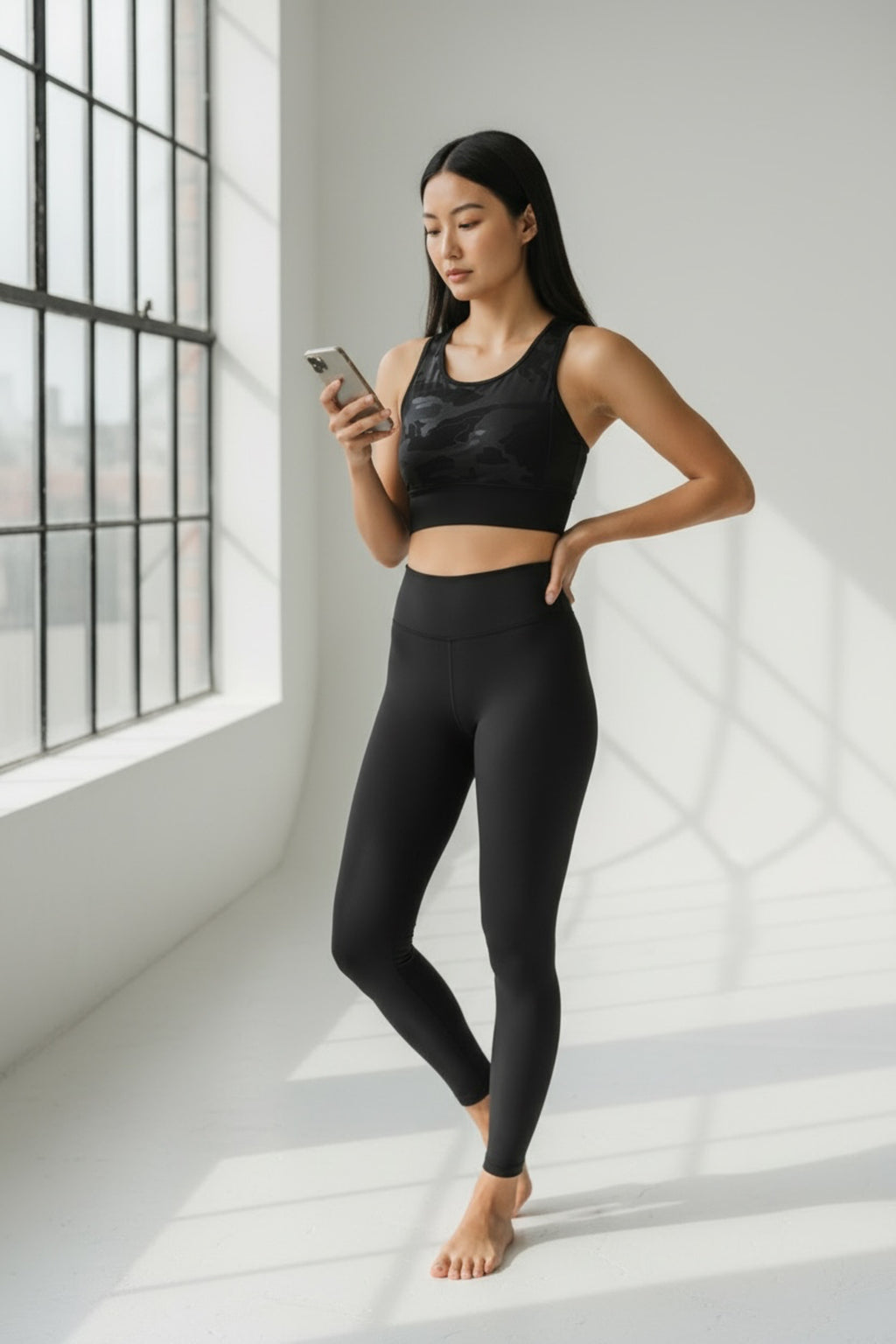 Kadın Siyah Kamuflaj Desenli Spor Büstiyer Crop Top Fitness Yoga Pilates Antrenman Atlet