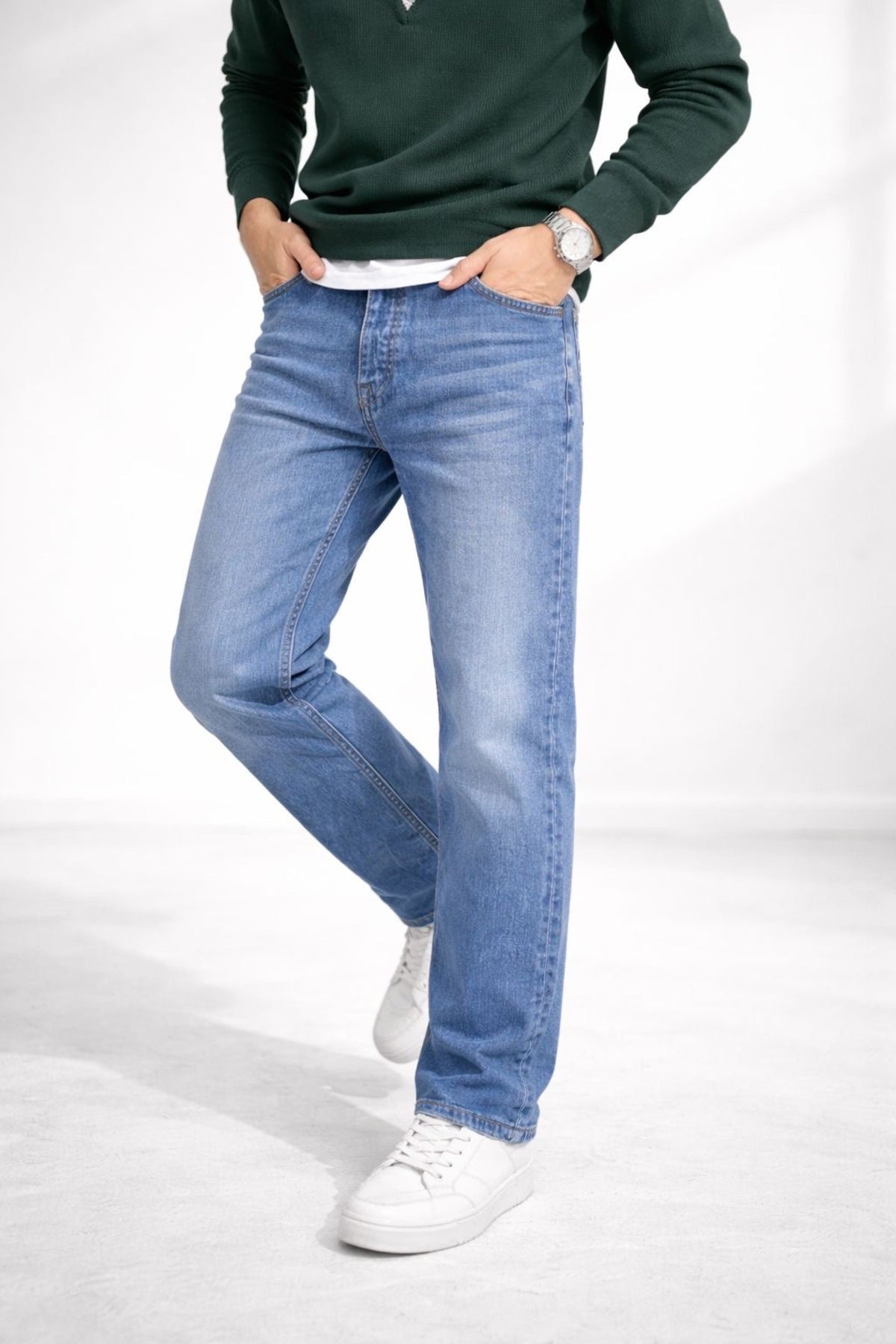 Erkek Açık Mavi Straight Fit Jean Pantolon Rahat Kalıp Günlük Basic Kot Pantolon