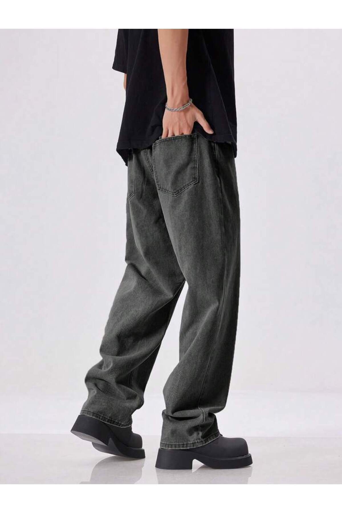 Erkek Oversize Baggy Jean Pantolon Vintage Yıkamalı Geniş Paça Streetwear Denim