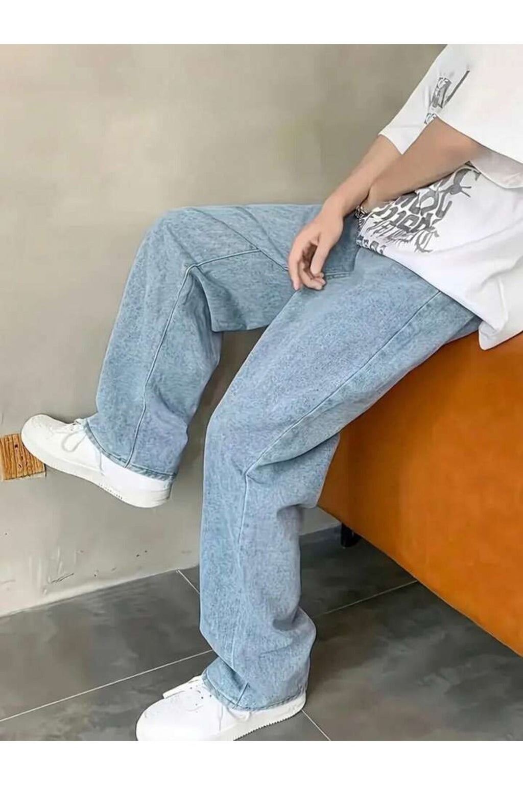 Erkek Buz Mavi Straight Baggy Fit Likrasız Rahat Kesim Kot Pantolon Jean
