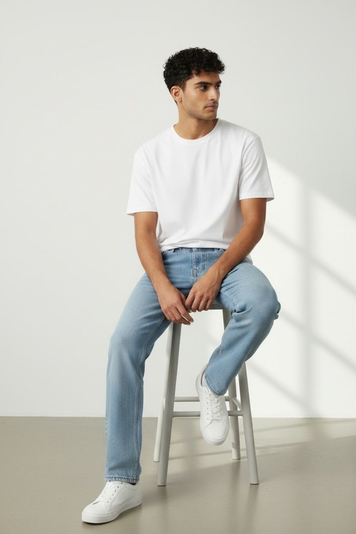 Erkek Açık Mavi Straight Fit Jean Pantolon Günlük Rahat Kesim Denim Pantolon