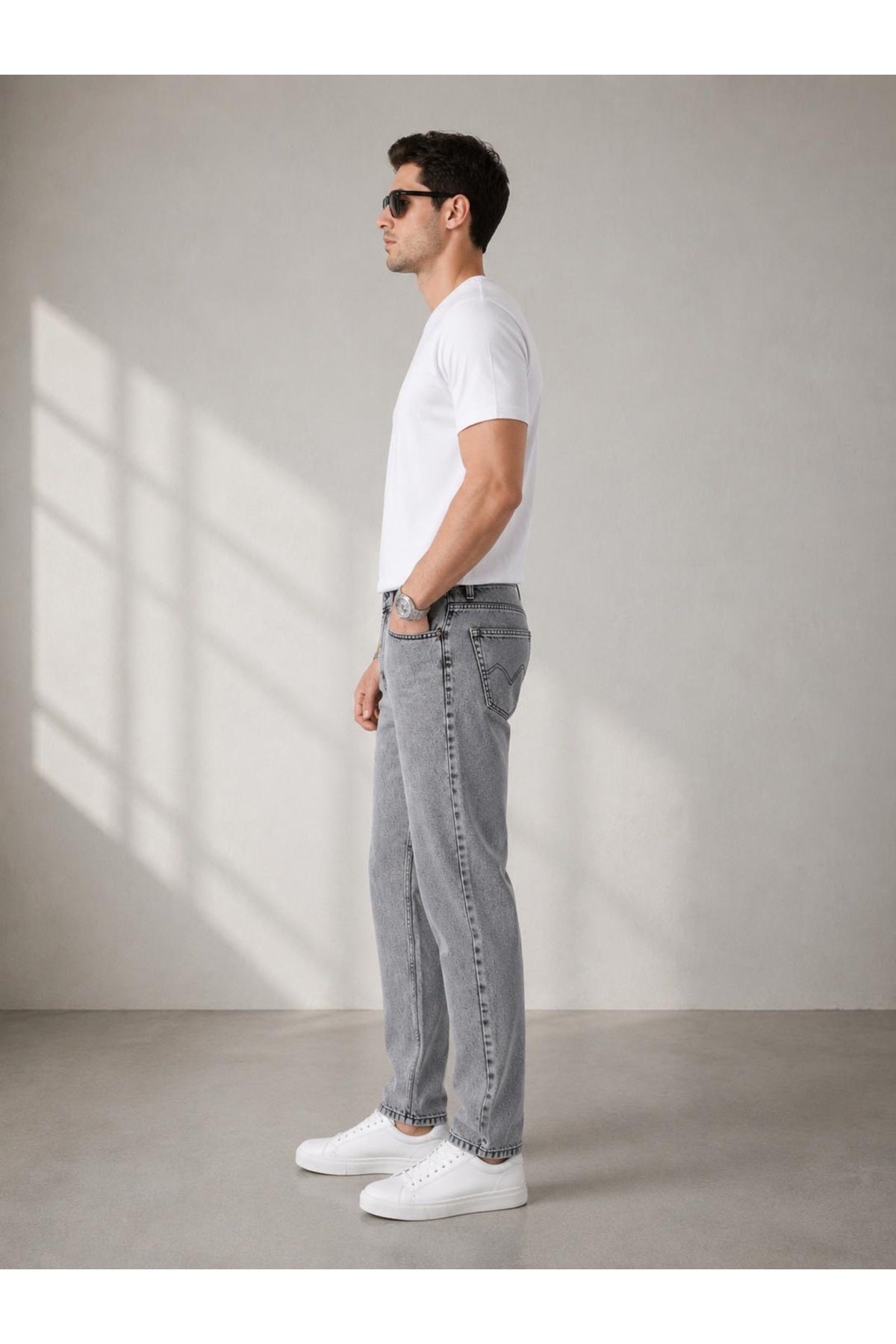 Erkek Gri Boyfriend Jean Pantolon Rahat Kalıp Streetwear Denim Pantolon