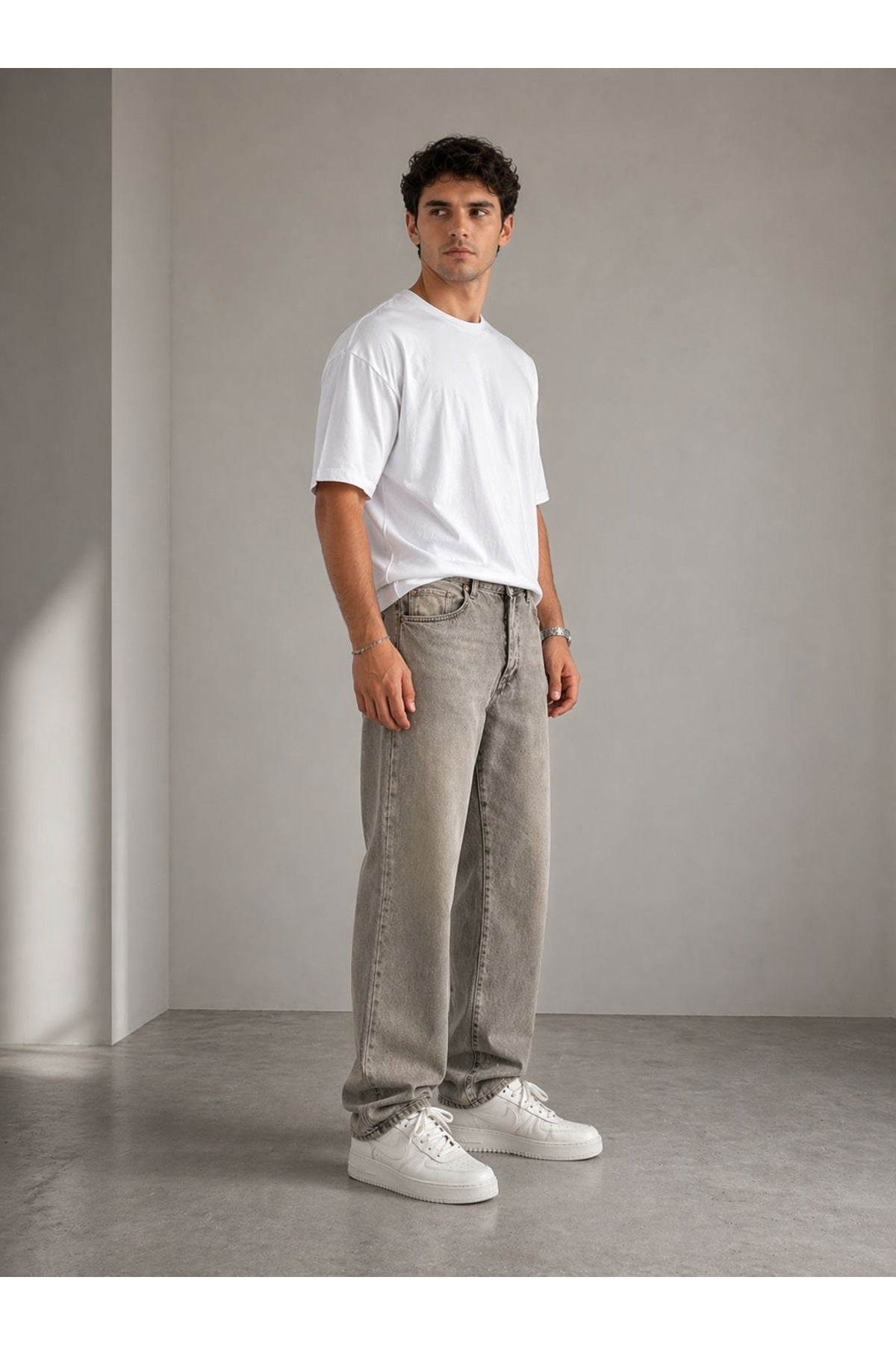 Erkek Yıkamalı Gri Baggy Pantolon
