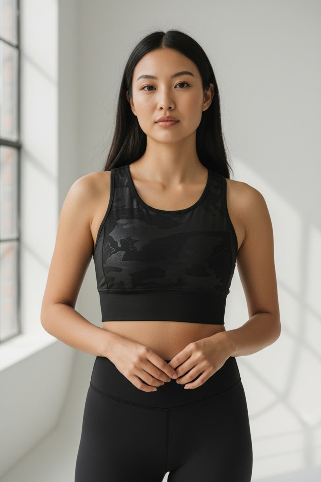 Kadın Siyah Kamuflaj Desenli Spor Büstiyer Crop Top Fitness Yoga Pilates Antrenman Atlet