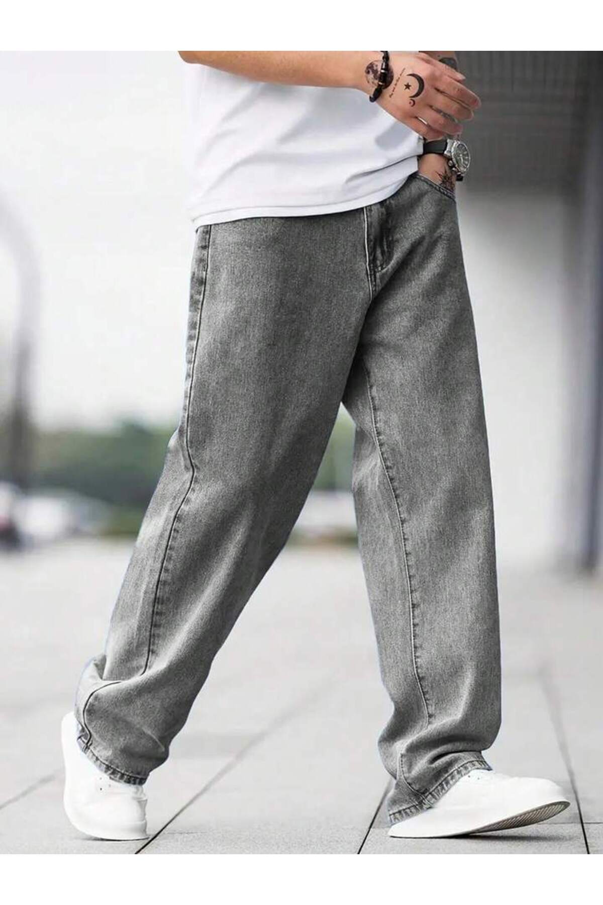Erkek Baggy Fit Wide Leg Jean Pantolon Normal Bel Oversize Bol Kalıp Denim