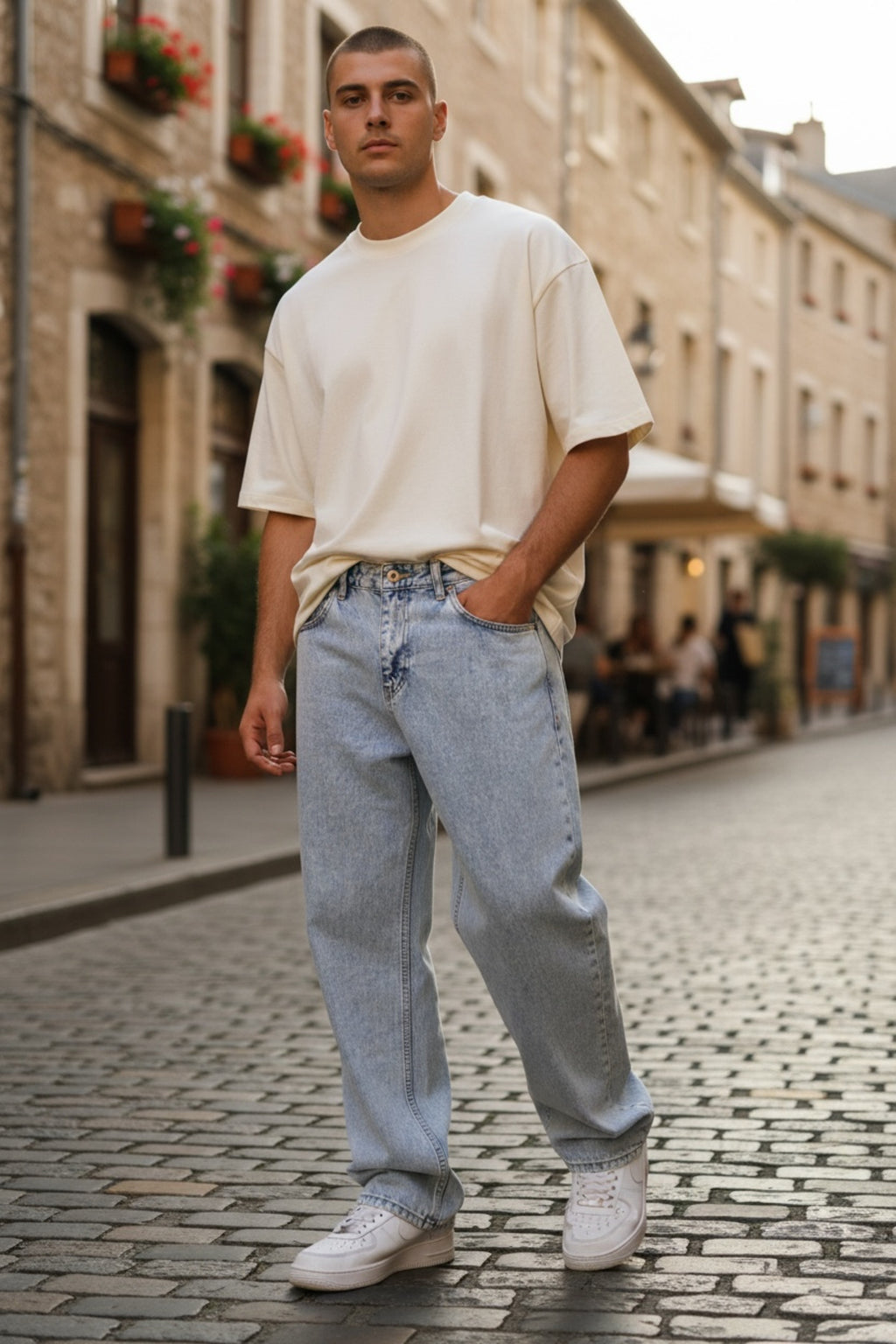 Erkek Yıkamalı Açık Buz Mavi Baggy Pantolon