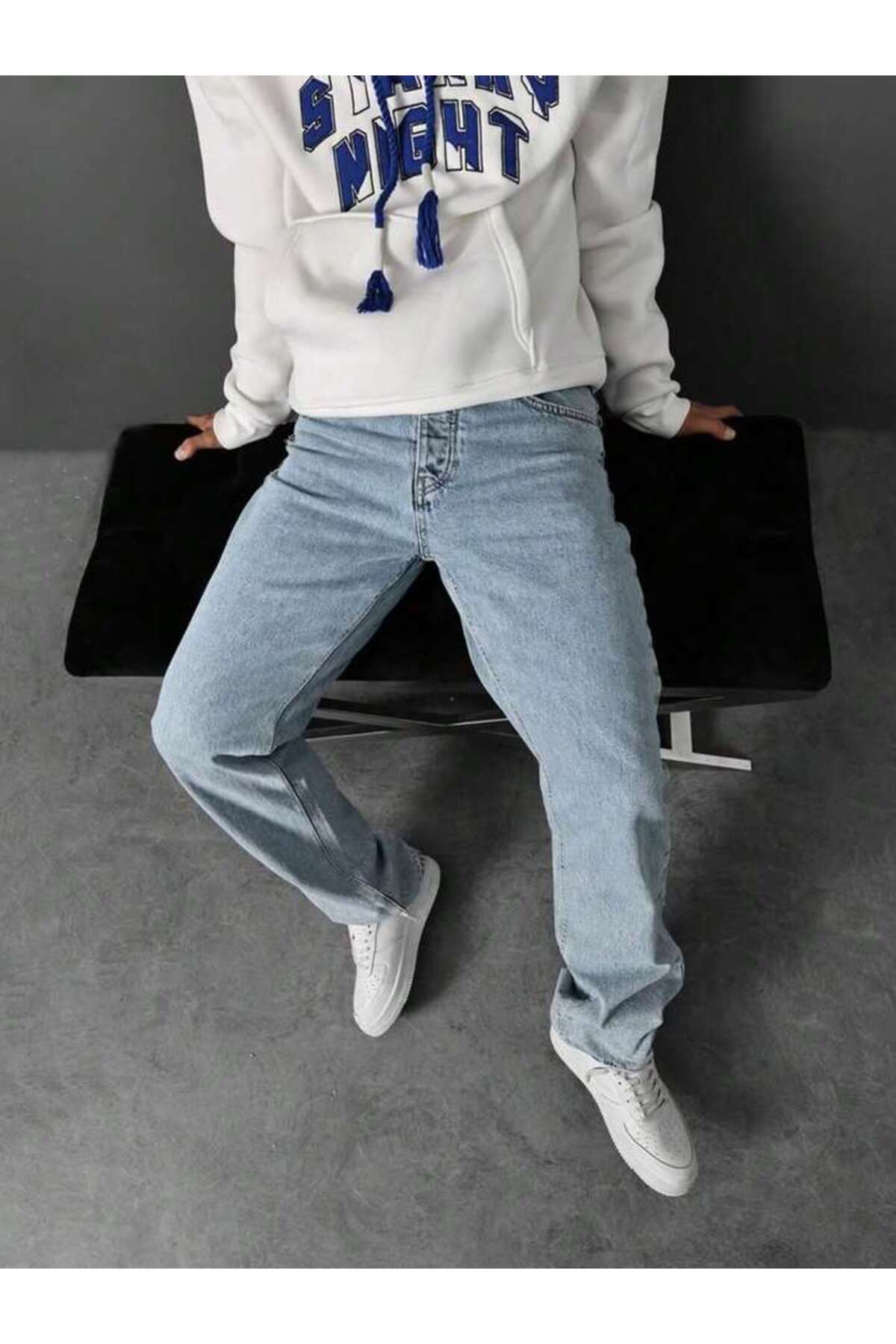 Erkek Açık Mavi Buz Yıkama Denim Pantolon Relaxed Fit Jean
