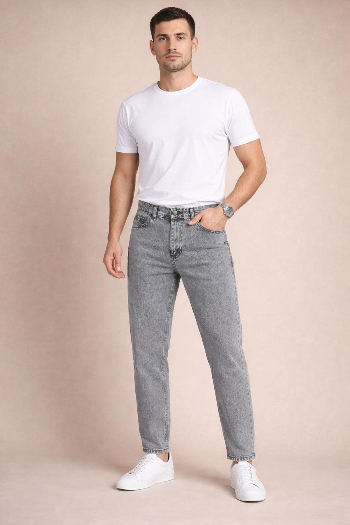 Erkek Açık Gri Boyfriend Jean Pantolon Rahat Kalıp Günlük Denim