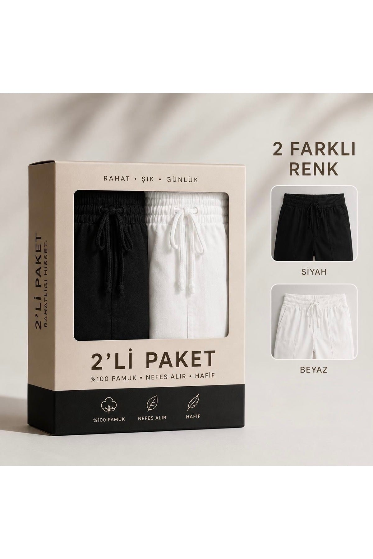Erkek %100 Pamuk Siyah Beyaz 2’li Pantolon Paketi – Lastikli Bel Bağcıklı Rahat Günlük Pantolon
