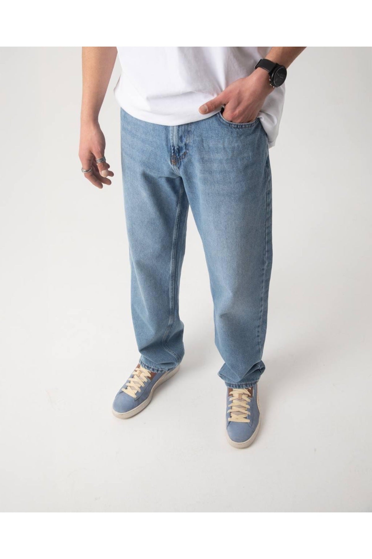 Efektli Mavi Baggy Pantolon