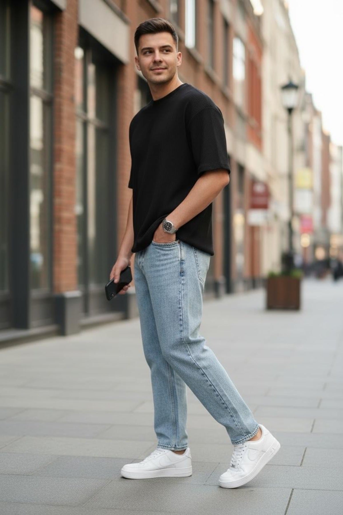 Erkek Açık Mavi Boyfriend Jean Pantolon Rahat Kalıp Streetwear Denim Pantolon