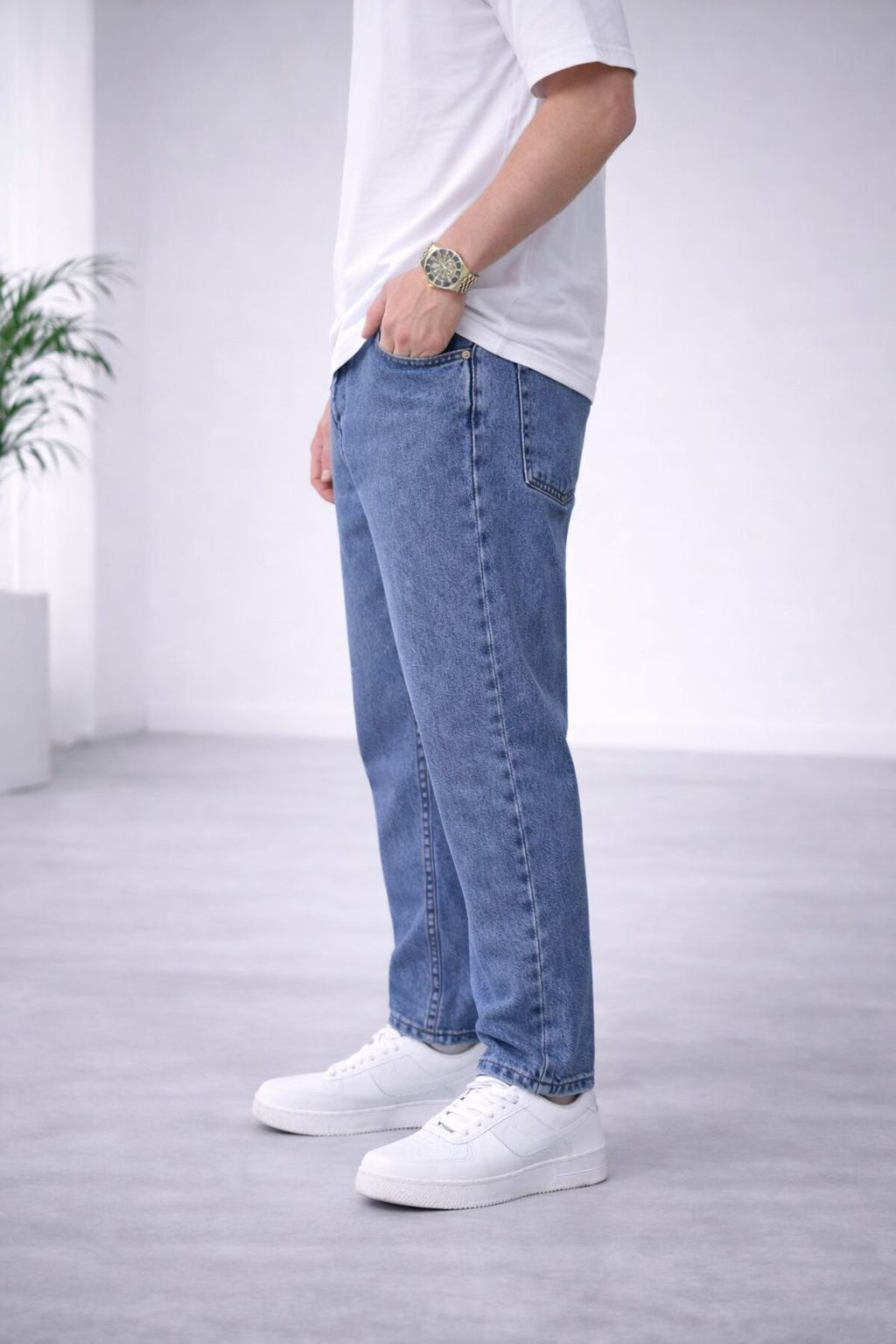 Erkek Koyu Kar Yıkama Boyfriend Jean Pantolon Rahat Kalıp Günlük Denim