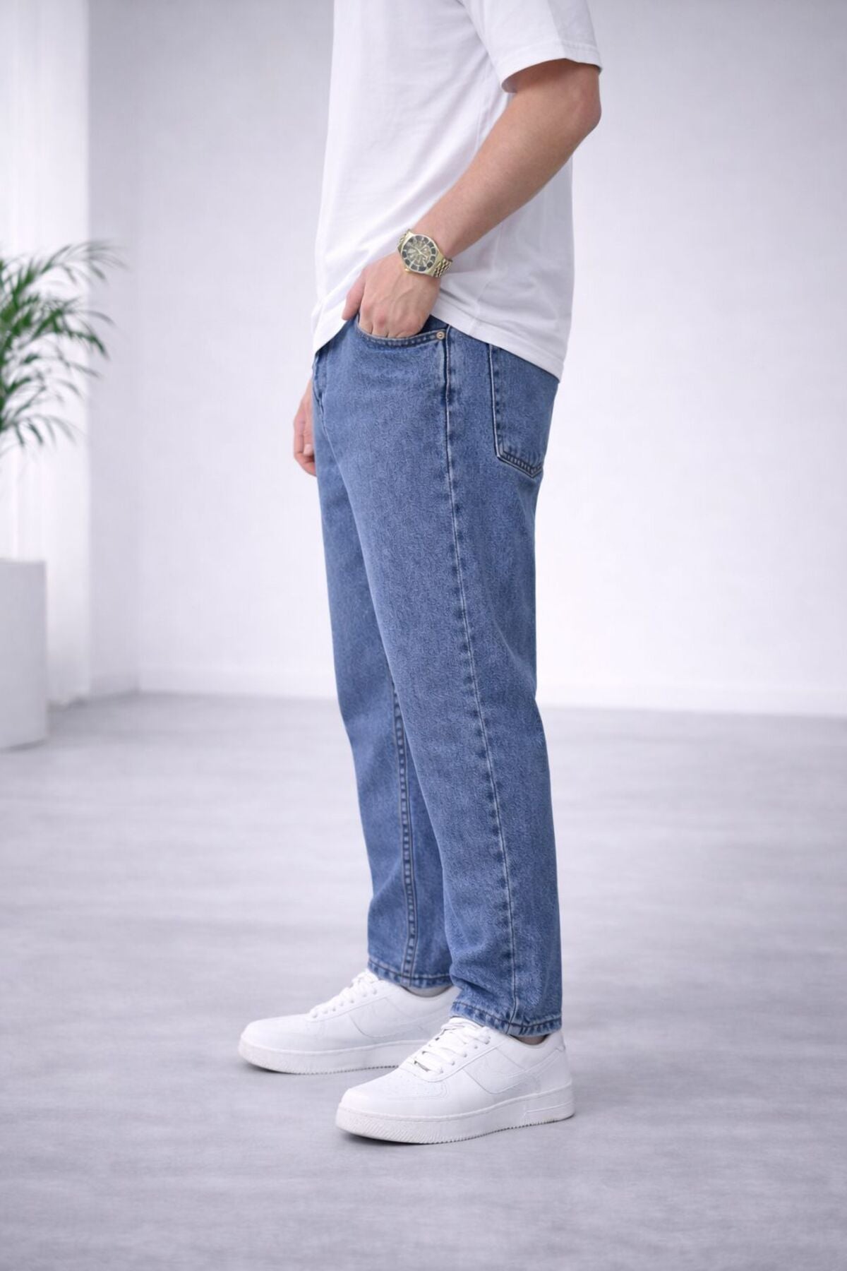 Erkek Koyu Kar Yıkama Boyfriend Jean Pantolon Rahat Kalıp Günlük Denim