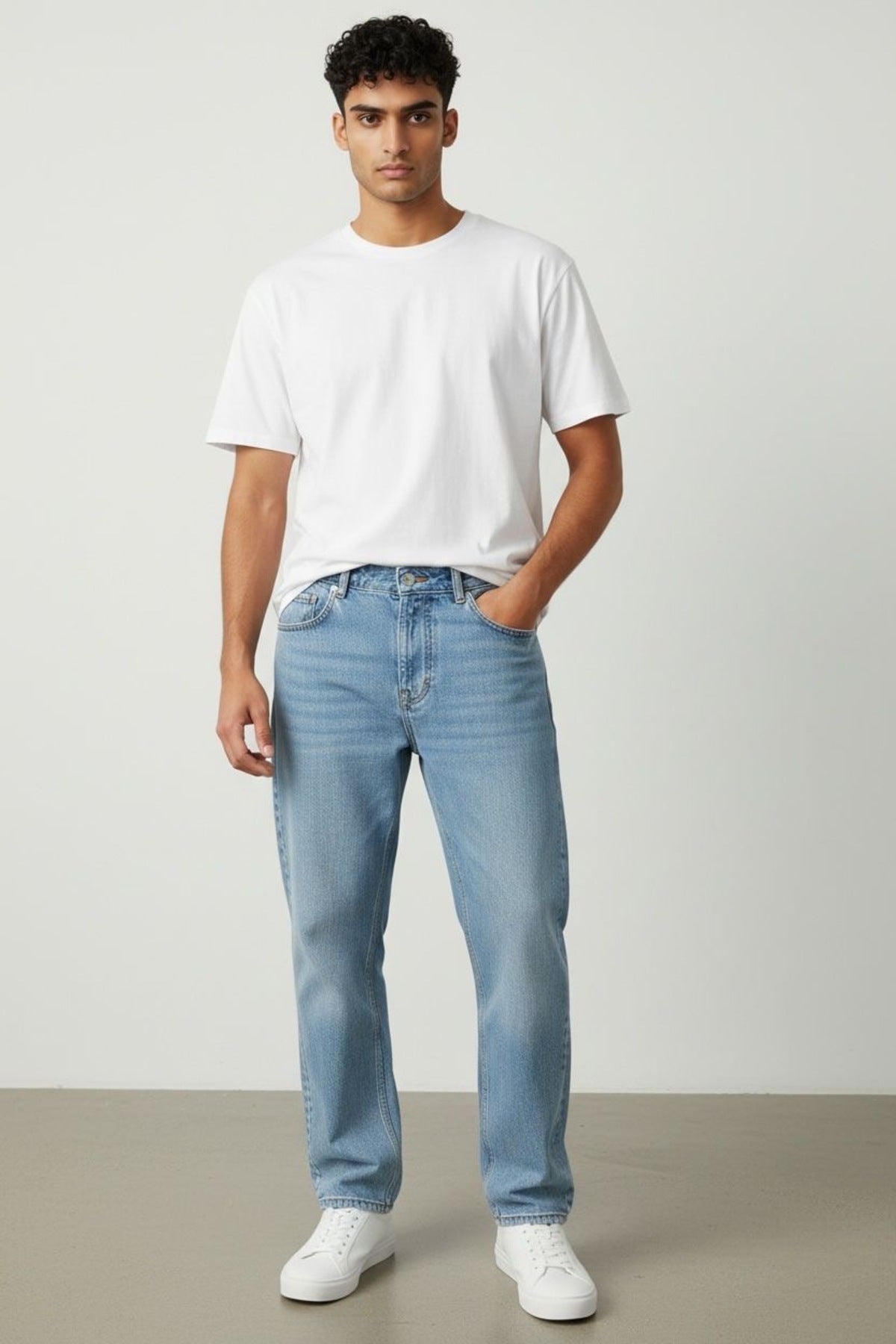 Erkek Açık Mavi Straight Fit Jean Pantolon Günlük Rahat Kesim Denim Pantolon