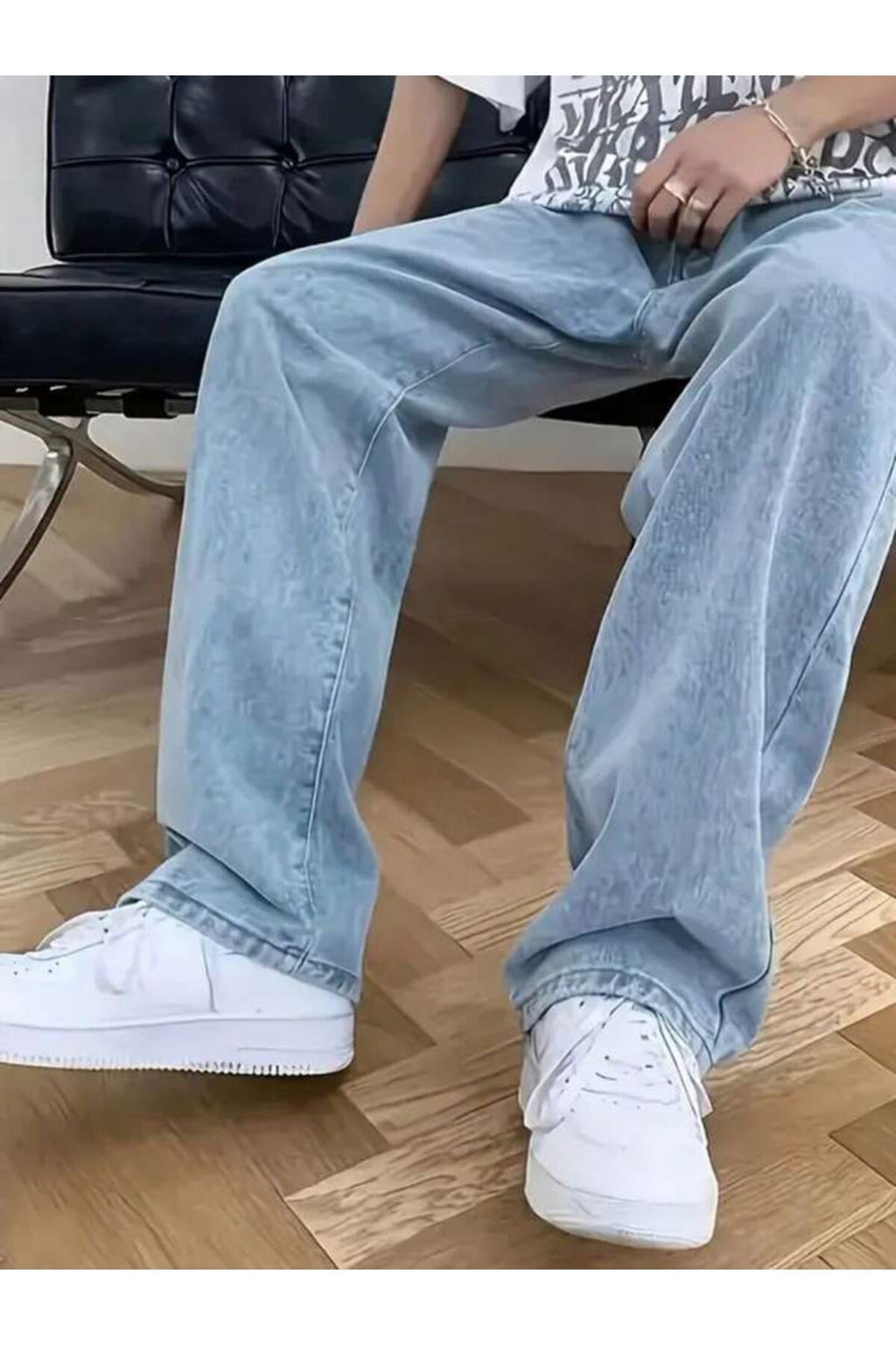 Erkek Buz Mavi Straight Baggy Fit Likrasız Rahat Kesim Kot Pantolon Jean