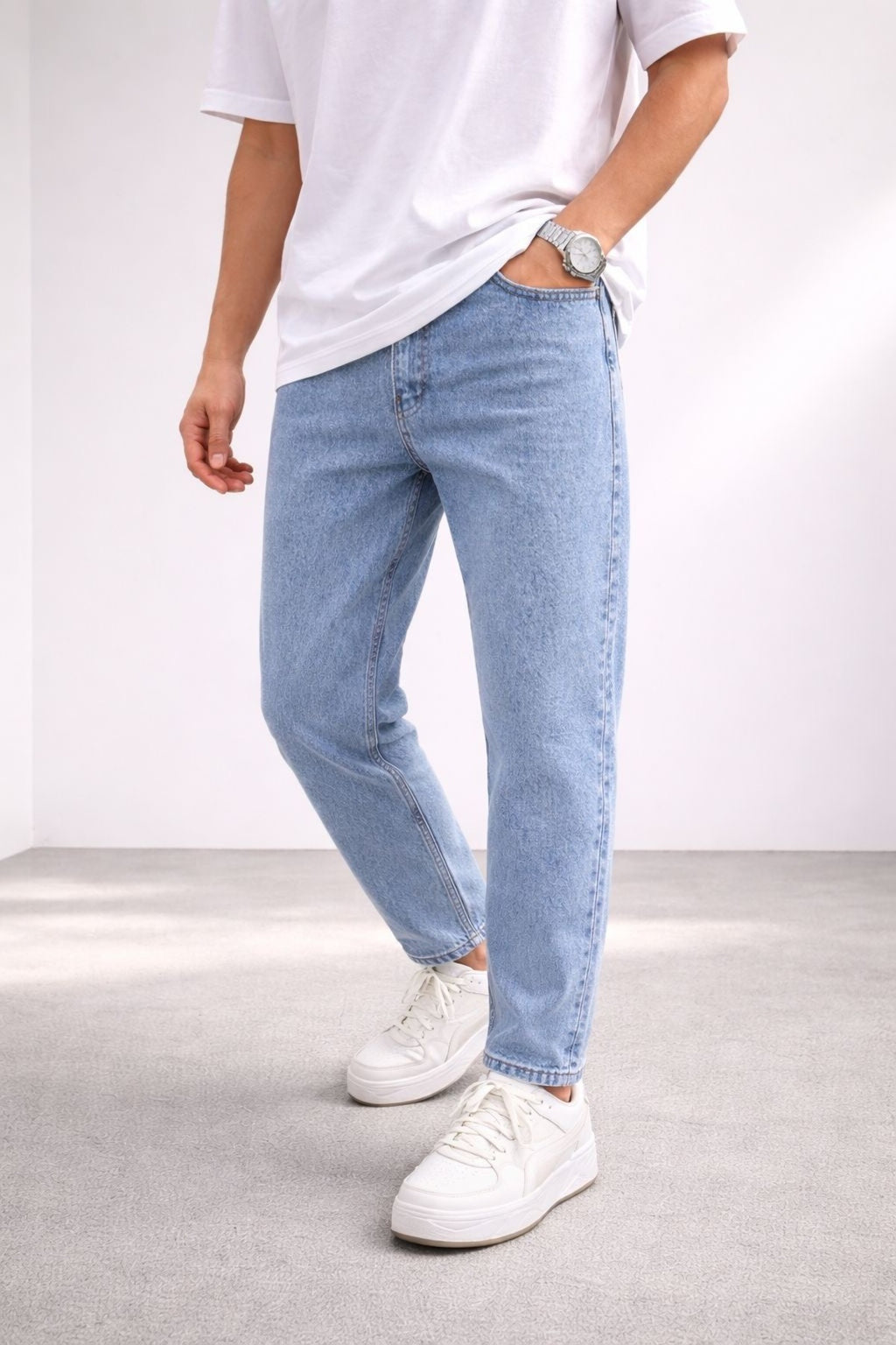 Erkek Açık Mavi Boyfriend Jean Pantolon Rahat Kalıp Günlük Denim