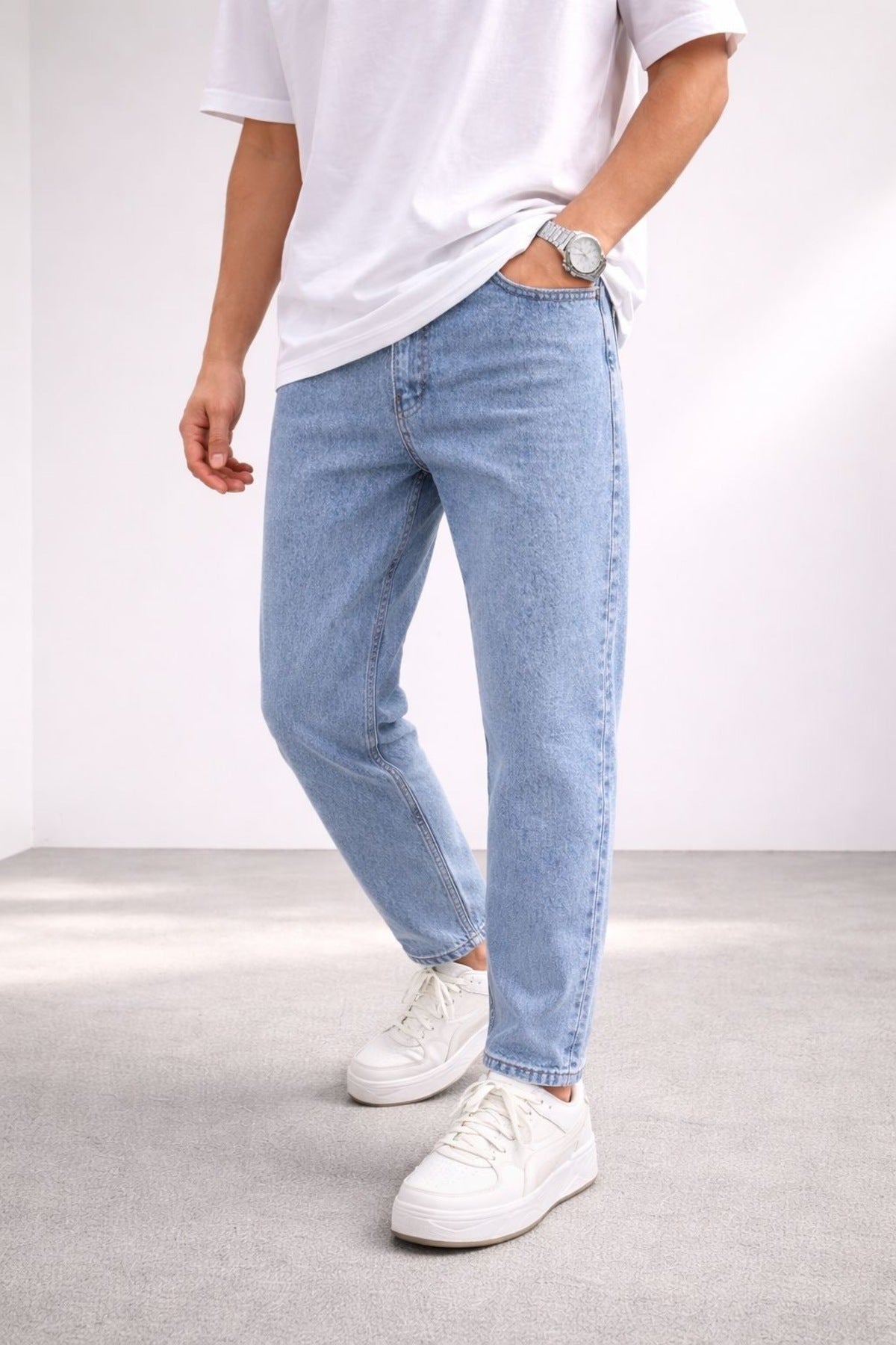 Erkek Açık Mavi Boyfriend Jean Pantolon Rahat Kalıp Günlük Denim