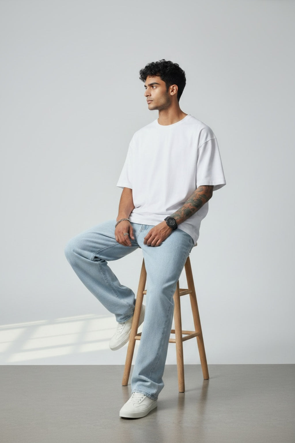 Erkek Açık Buz Regular Bol Kalıp Fit Denim Pantolon Rahat Kesim Günlük Şık Basic Düz Paça