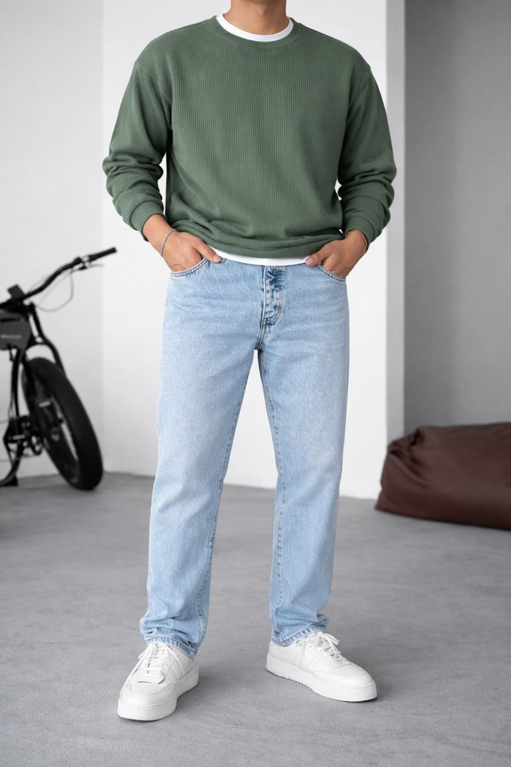 Erkek Buz Mavi Relaxed Fit Bol Paça Kot Pantolon