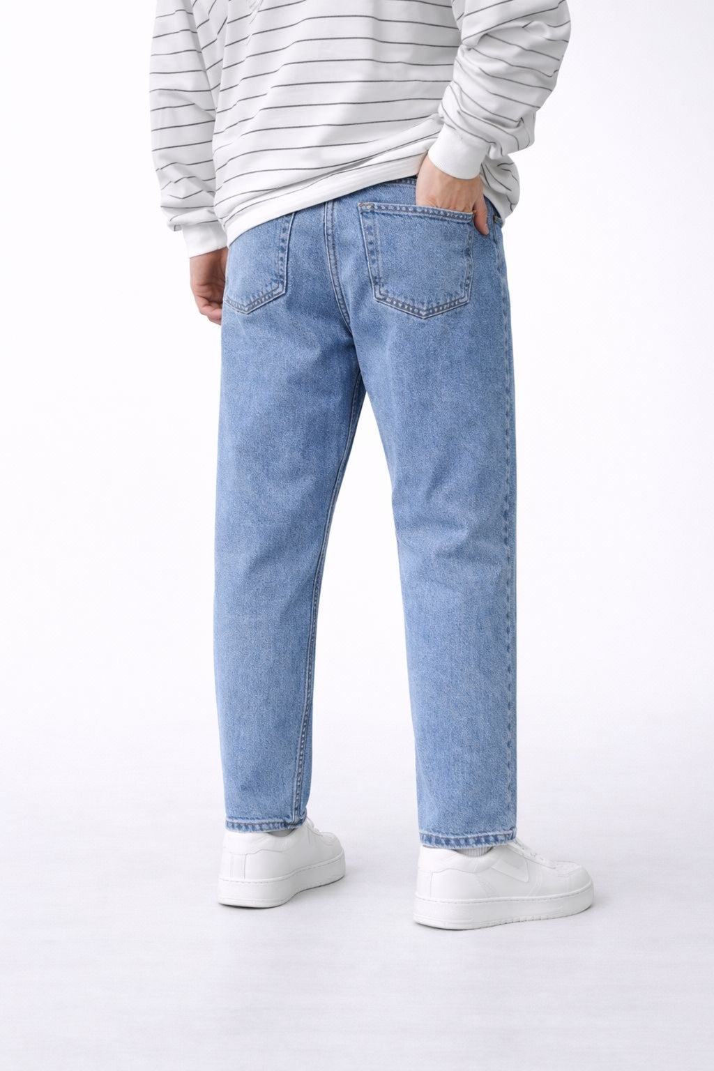 Erkek Koyu Kar Mavi Rahat Kalıp Düz Paça Kot Pantolon Günlük Şık Basic Denim