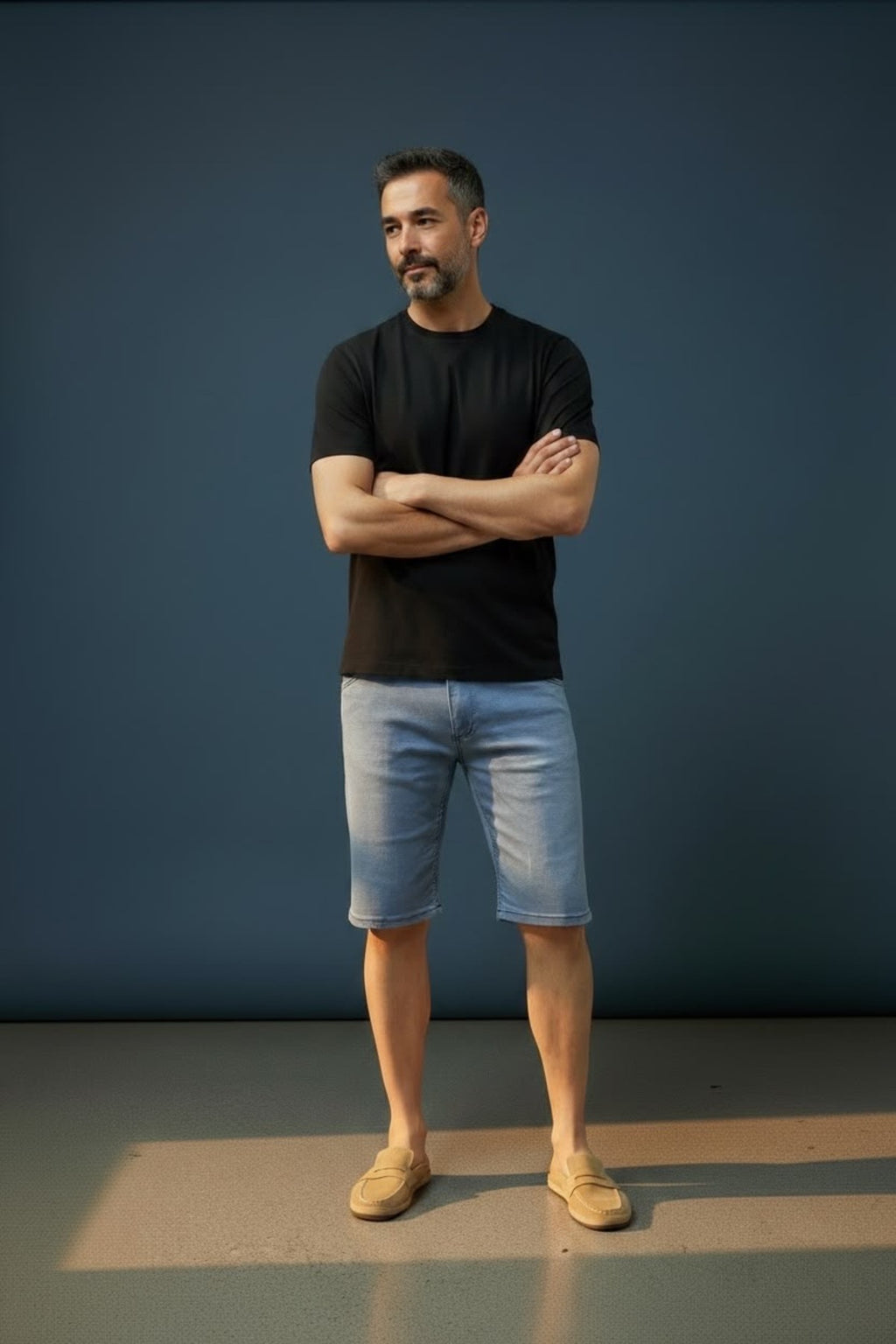 Erkek Denim Şort Diz Üstü Rahat Kalıp Kot Şort Günlük Kullanım