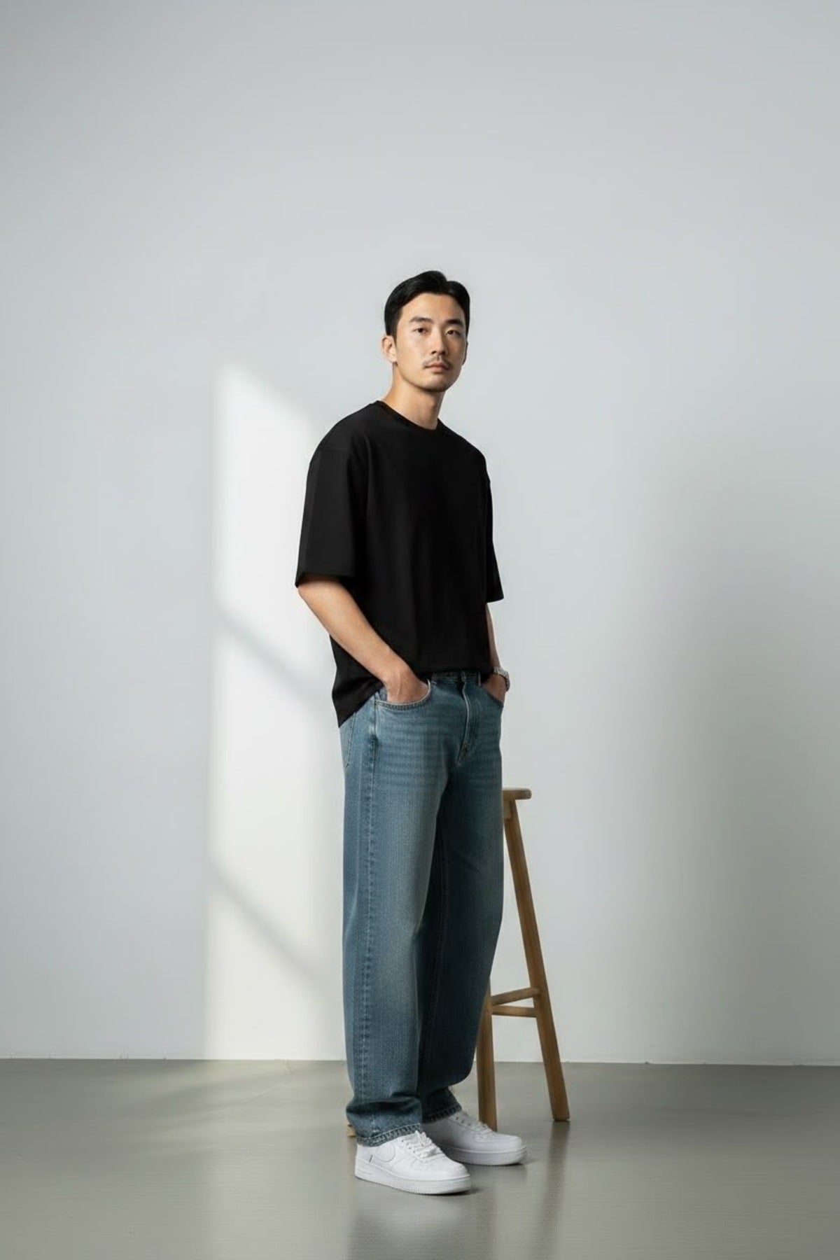 Erkek Koyu Taşlamalı Mavi Baggy Jean Pantolon Rahat Kesim Geniş Paça Vintage Yıkamalı Denim Pantolon