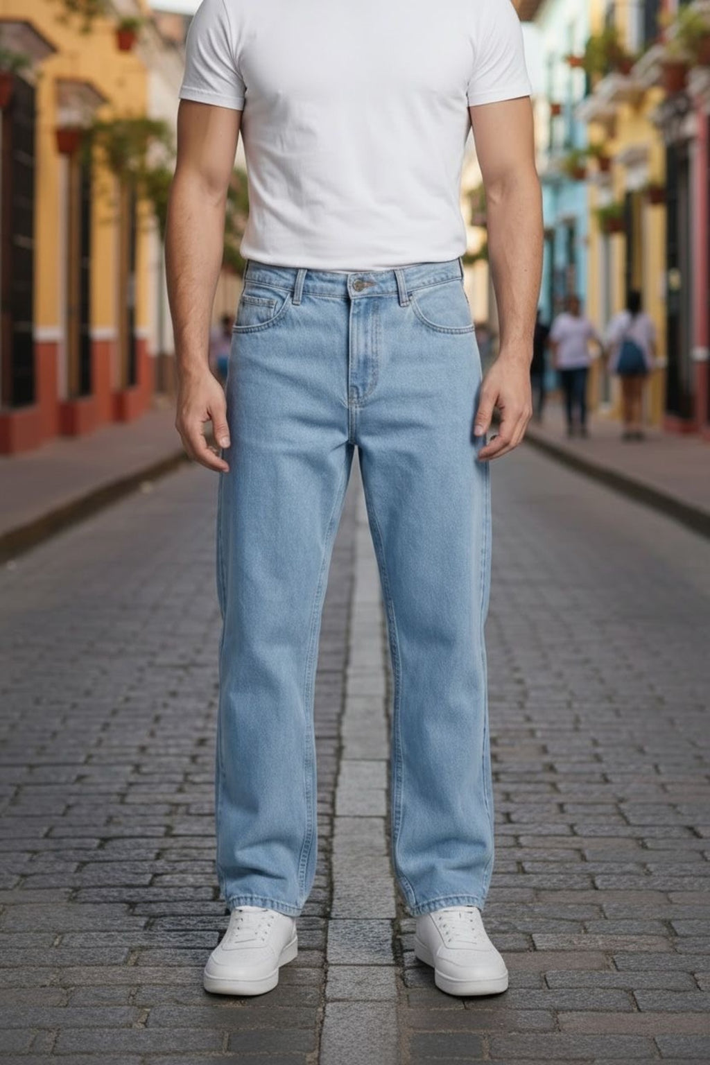 Erkek Açık Mavi Relaxed Fit Denim Pantolon Sokak Stili Jean