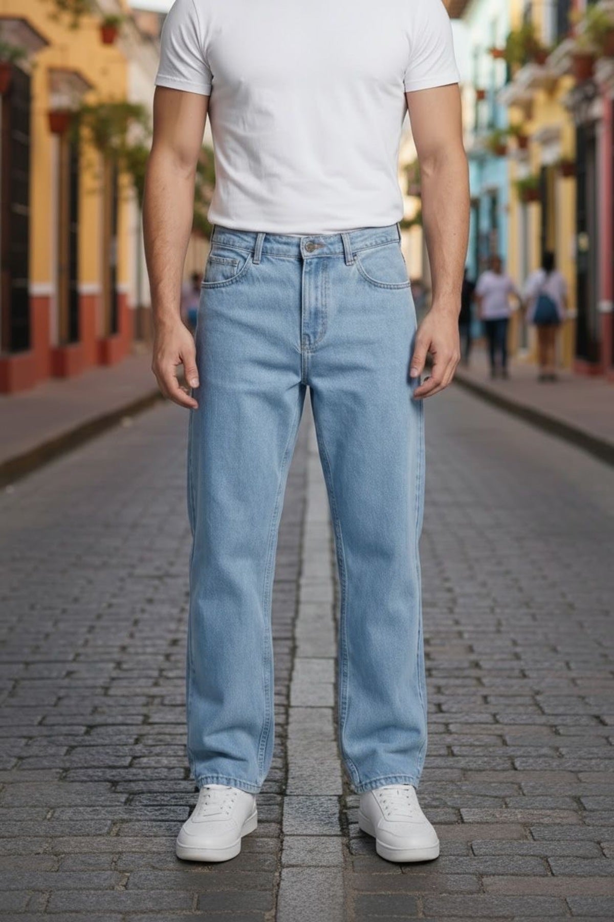 Erkek Açık Mavi Relaxed Fit Denim Pantolon Sokak Stili Jean