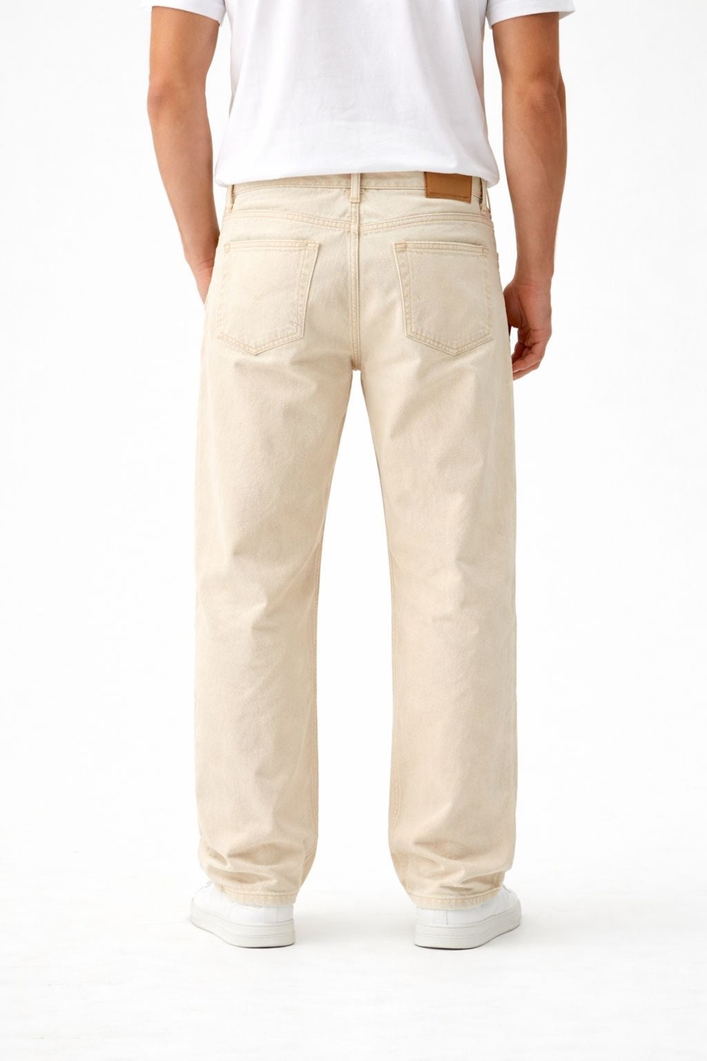 Erkek yıkamalı krem baggy jean pantolon günlük rahat kesim