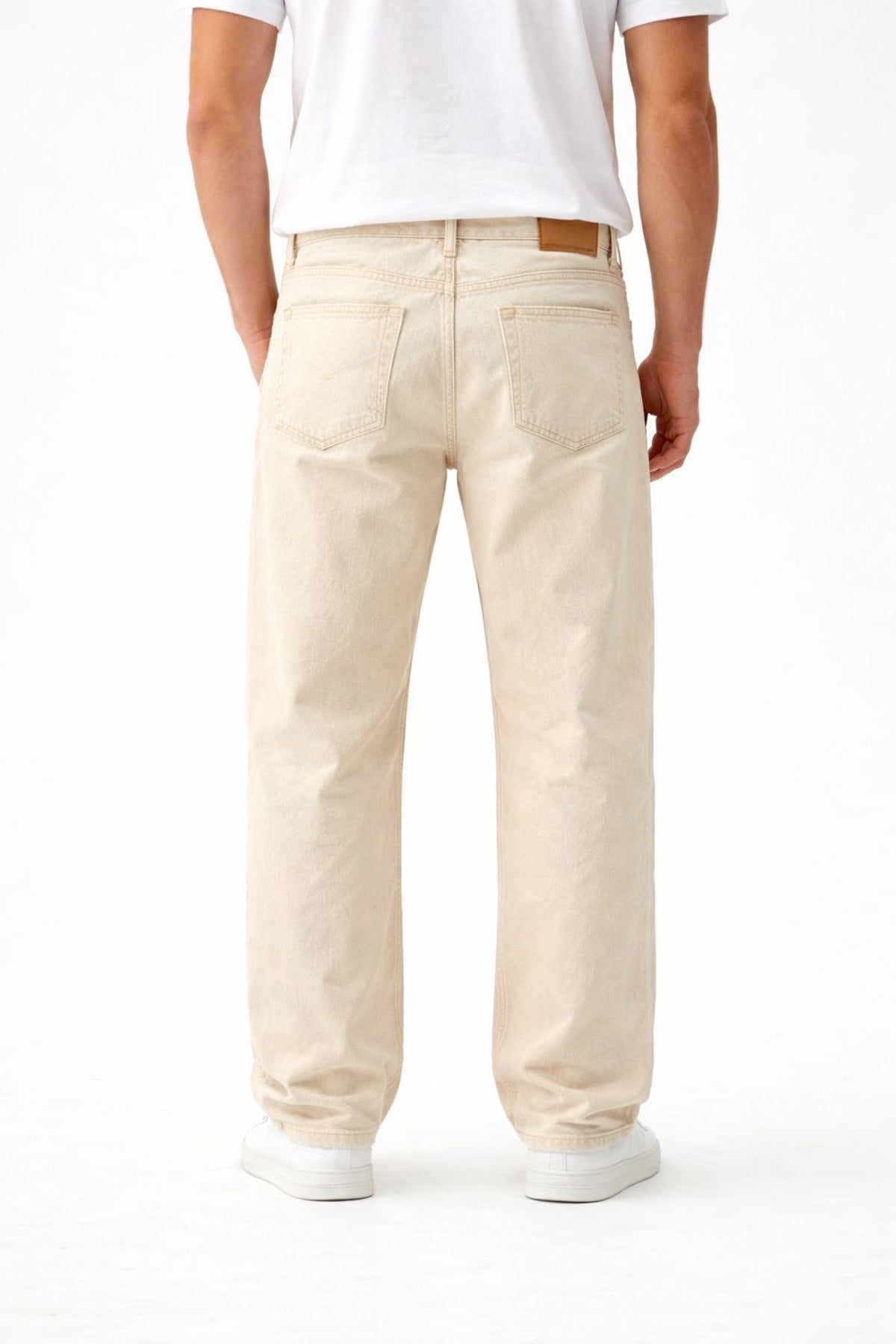 Erkek yıkamalı krem baggy jean pantolon günlük rahat kesim