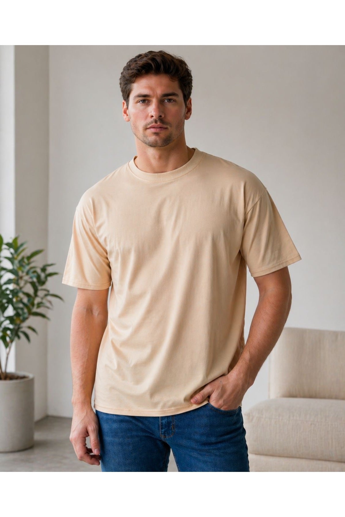 Bisiklet Yaka Unisex Basic Düz Bej T-Shirt