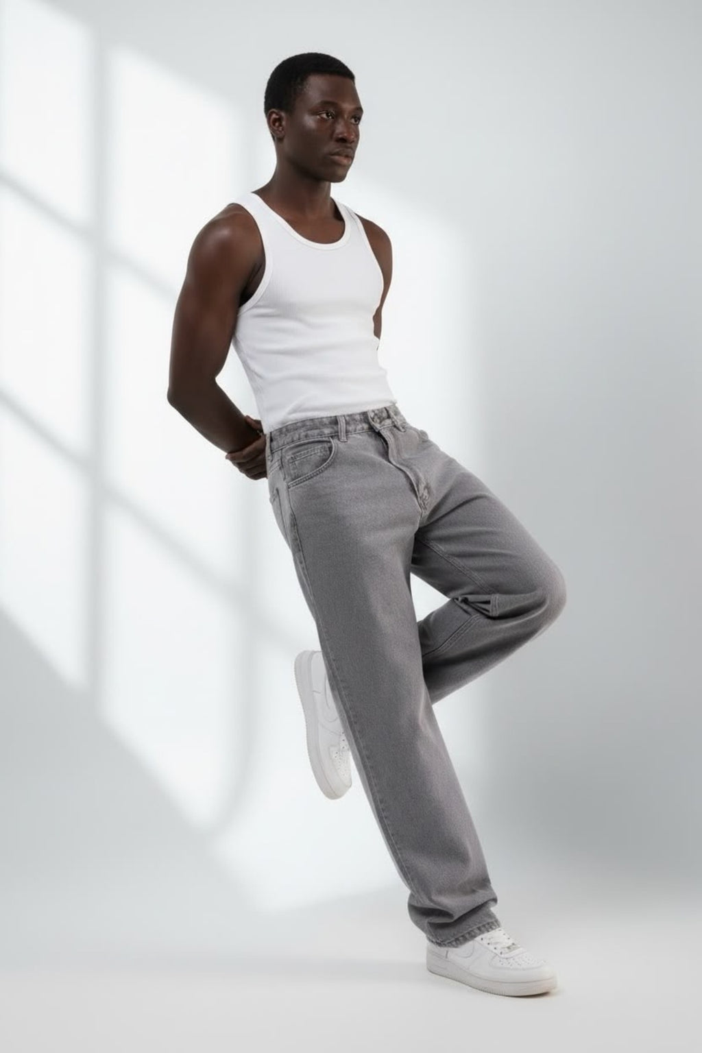 Erkek Baggy Bol Kesim Kot Pantolon Jeans Gri