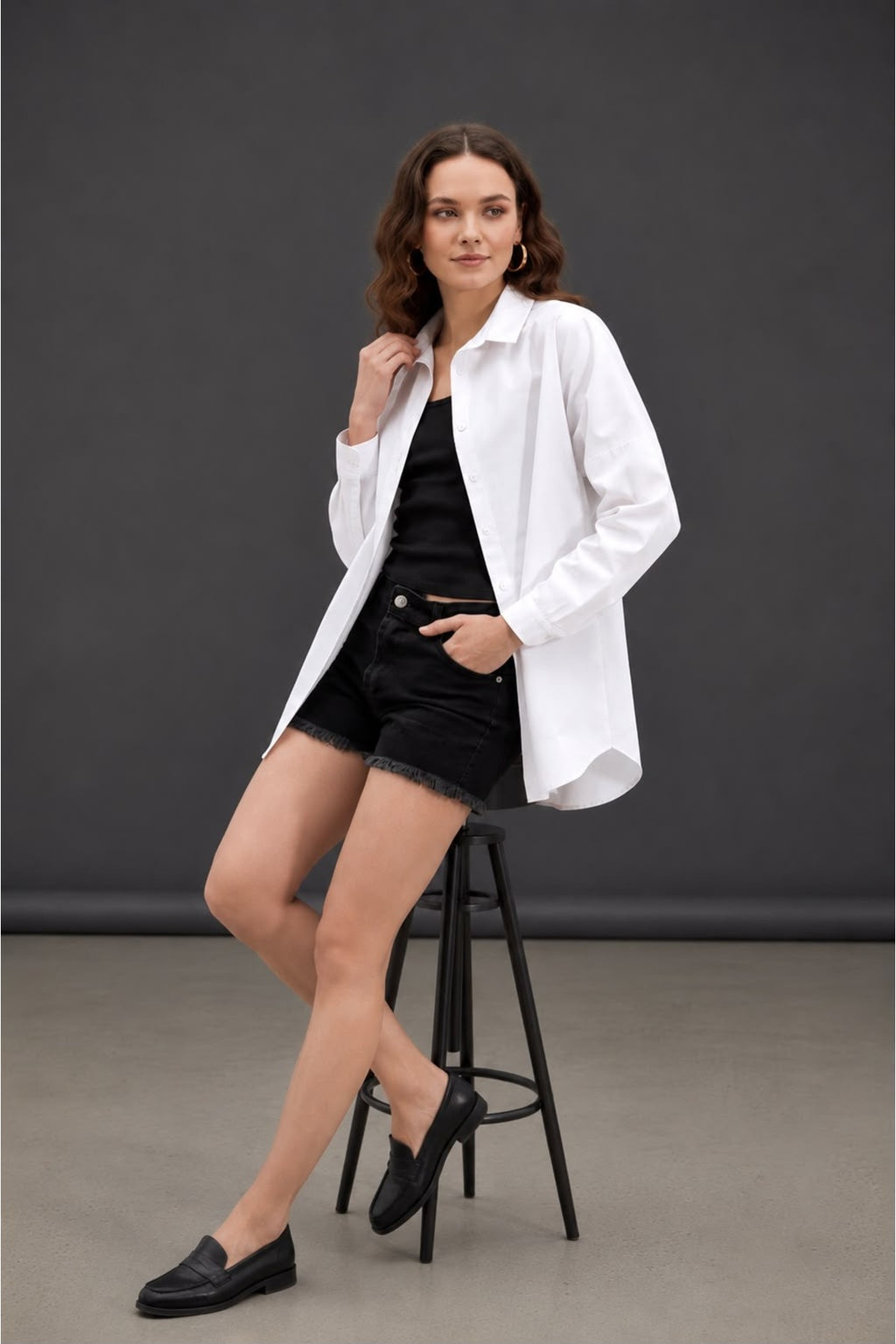 Kadın Oversize Gömlek Rahat Kalıp Uzun Kollu Düğmeli Gömlek