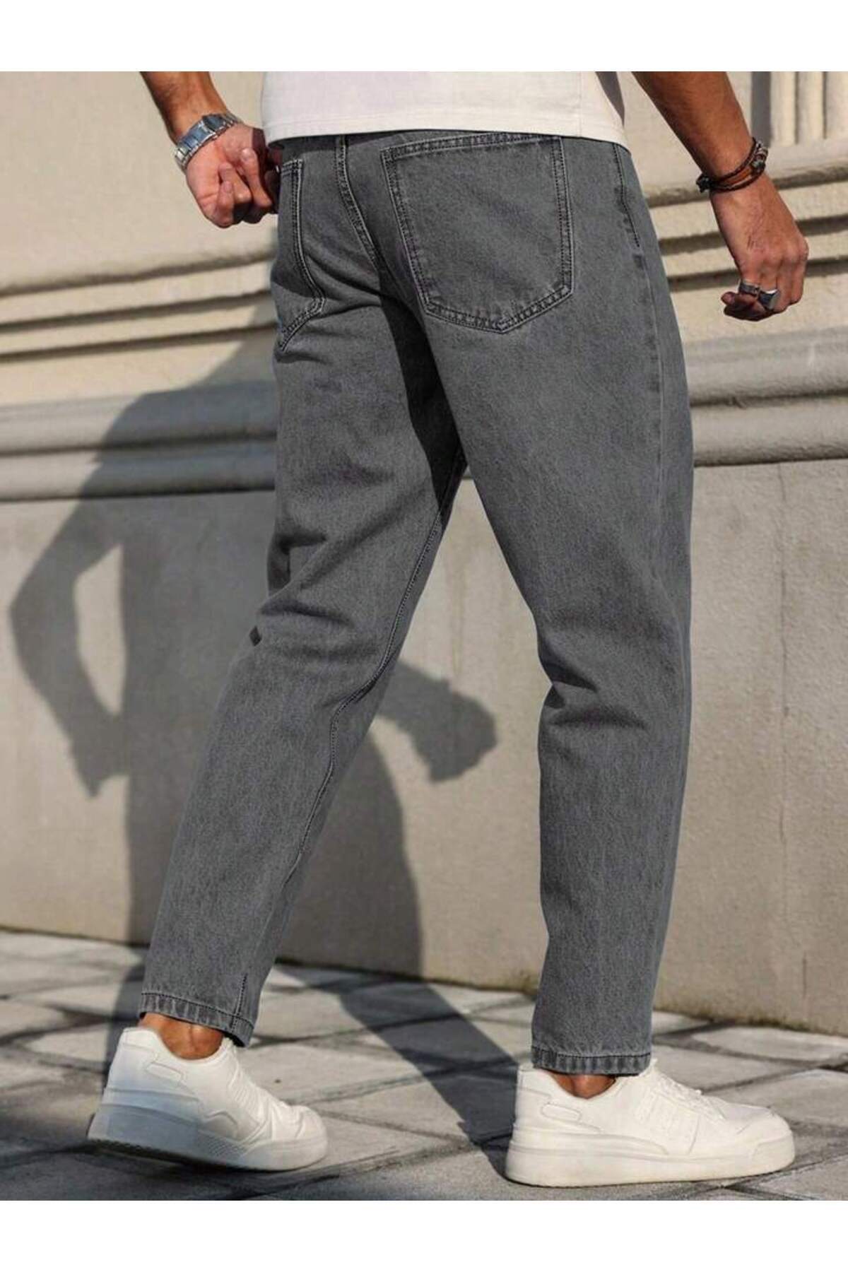 Erkek Açık Antrasit Gri Rahat Kalıp Denim Pantolon Modern Kesim Günlük Şık Basic Kot
