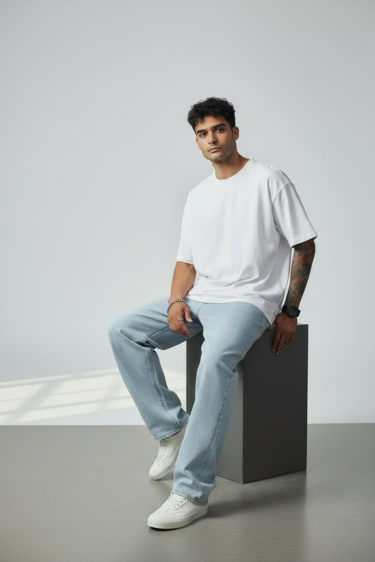 Erkek Açık Buz Regular Bol Kalıp Fit Denim Pantolon Rahat Kesim Günlük Şık Basic Düz Paça