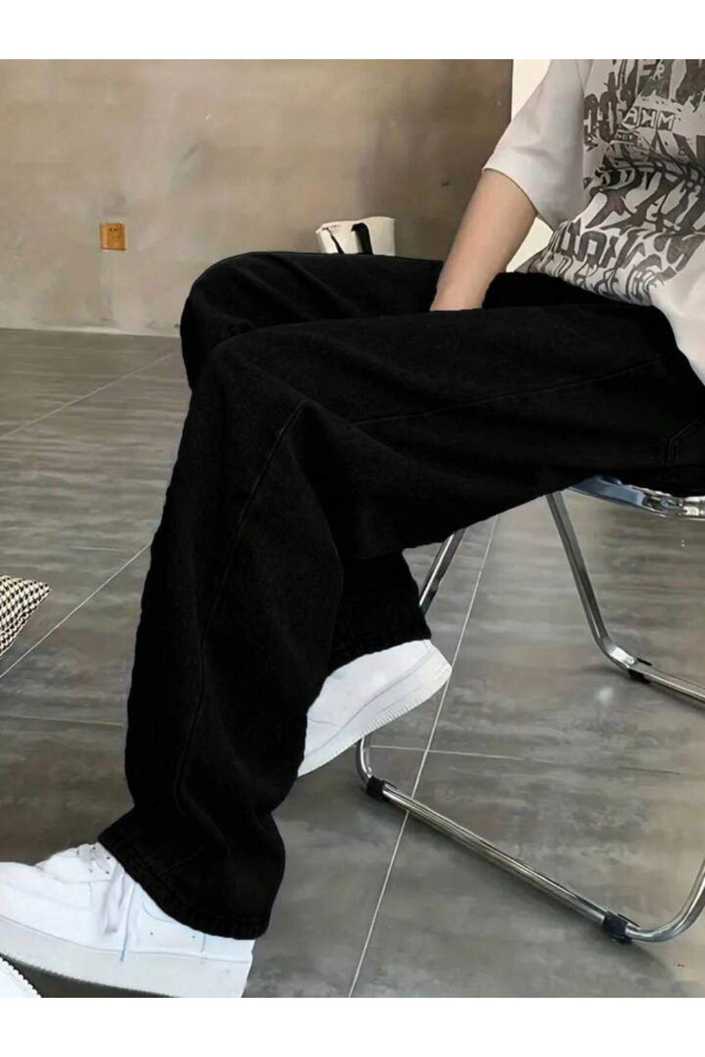 Erkek Siyah Straight Baggy Fit Likrasız Rahat Kesim Kot Pantolon Jean