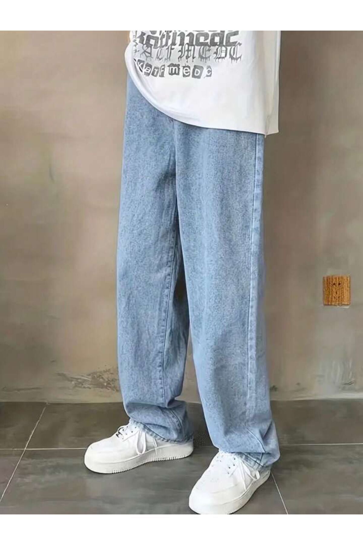 Erkek Buz Mavi Straight Baggy Fit Likrasız Rahat Kesim Kot Pantolon Jean
