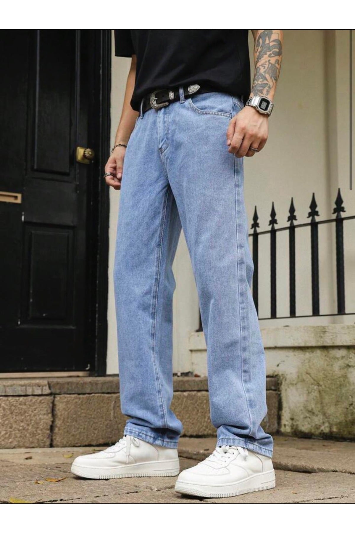 Erkek Açık Mavi Straight Fit Jean Pantolon Rahat Kesim Düz Paça Günlük Kot