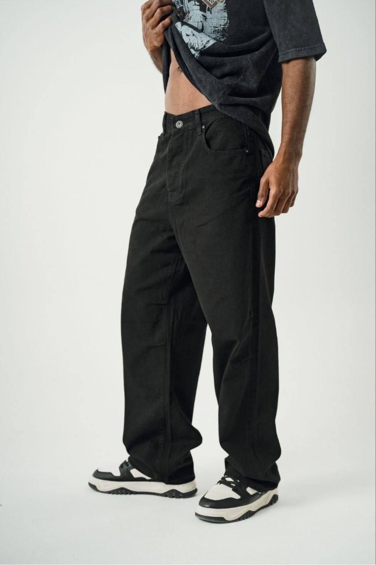 Yıkamalı Siyah Baggy Pantolon