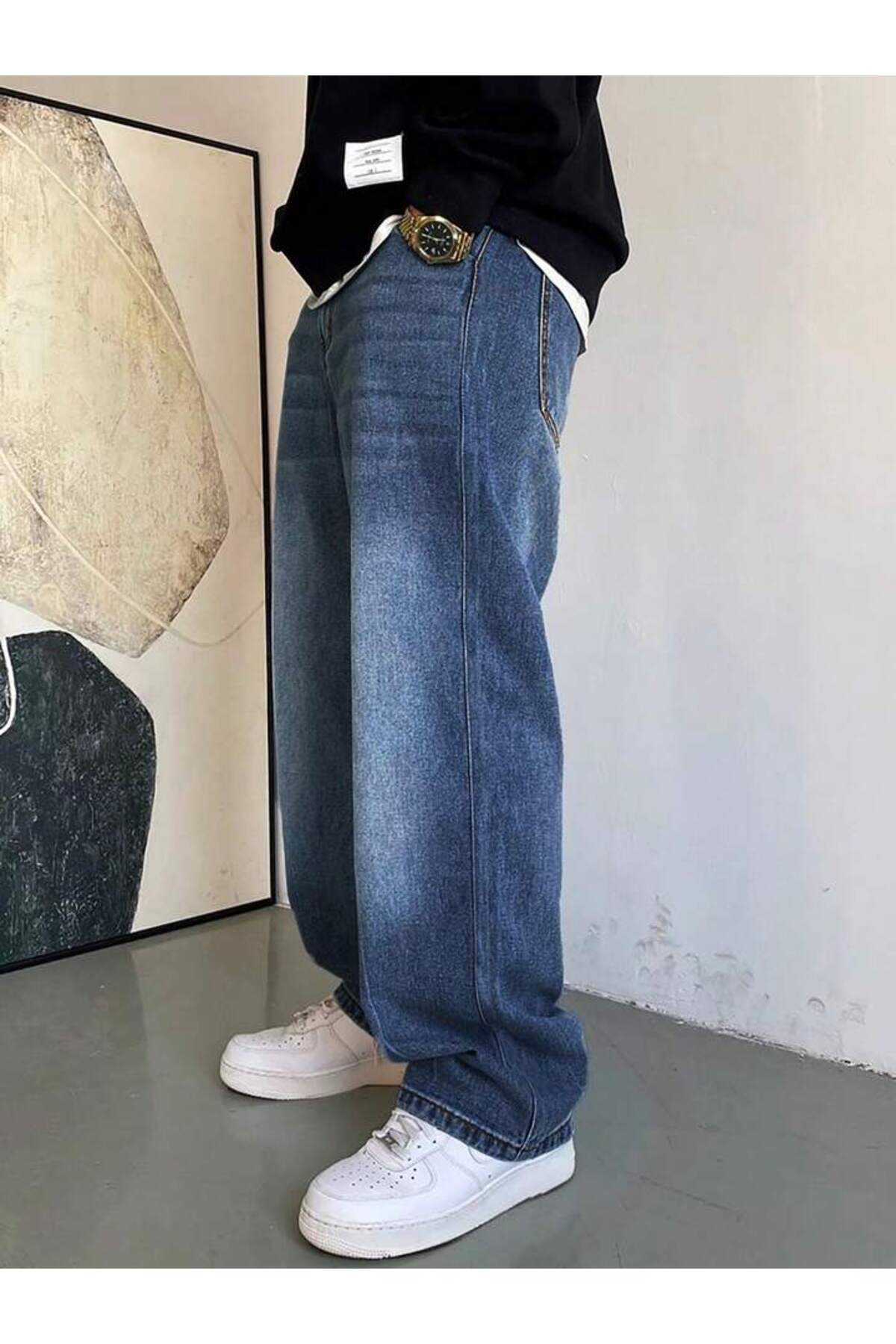 Erkek Oversize Denim Pantolon Rahat Kalıp Modern Kesim Günlük Streetwear Kot Pantolon
