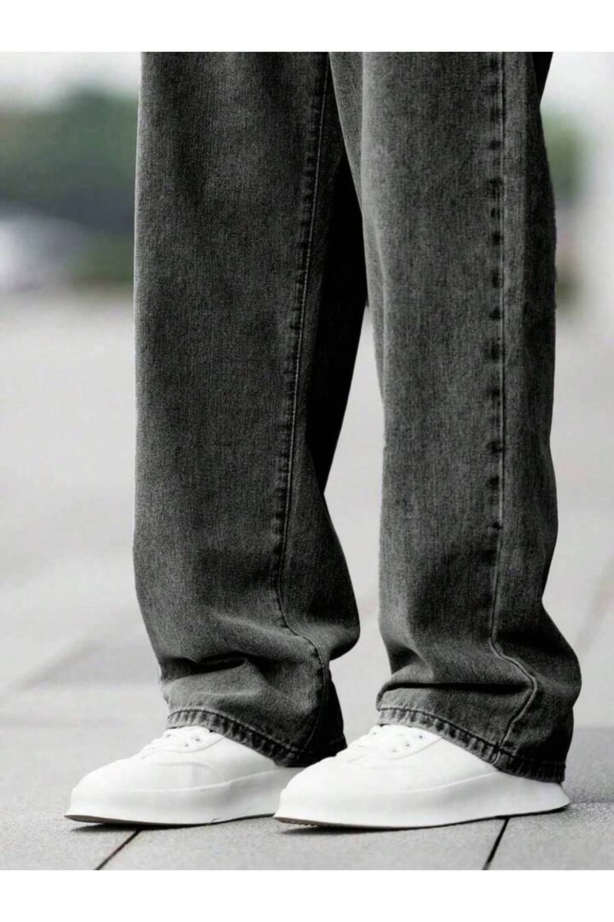 Erkek Baggy Fit Wide Leg Jean Pantolon Normal Bel Oversize Bol Kalıp Denim