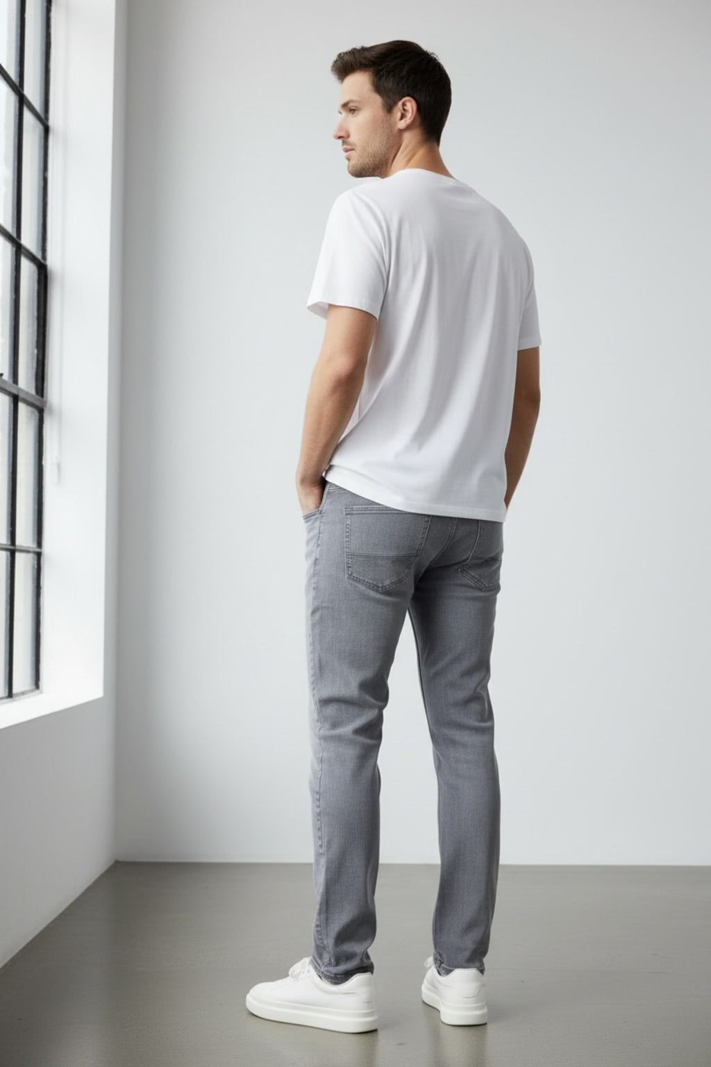 Erkek Regular Fit Likralı Jean Pantolon Gri Renk Düz Paça Rahat Kalıp Denim Kot