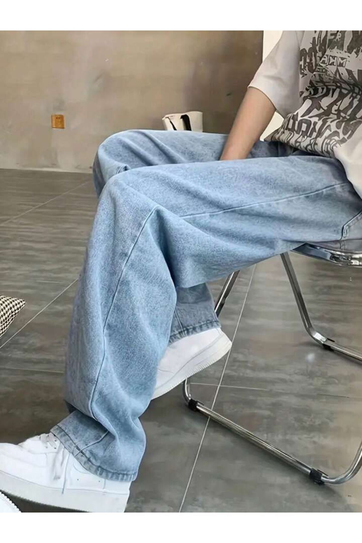 Erkek Buz Mavi Straight Baggy Fit Likrasız Rahat Kesim Kot Pantolon Jean